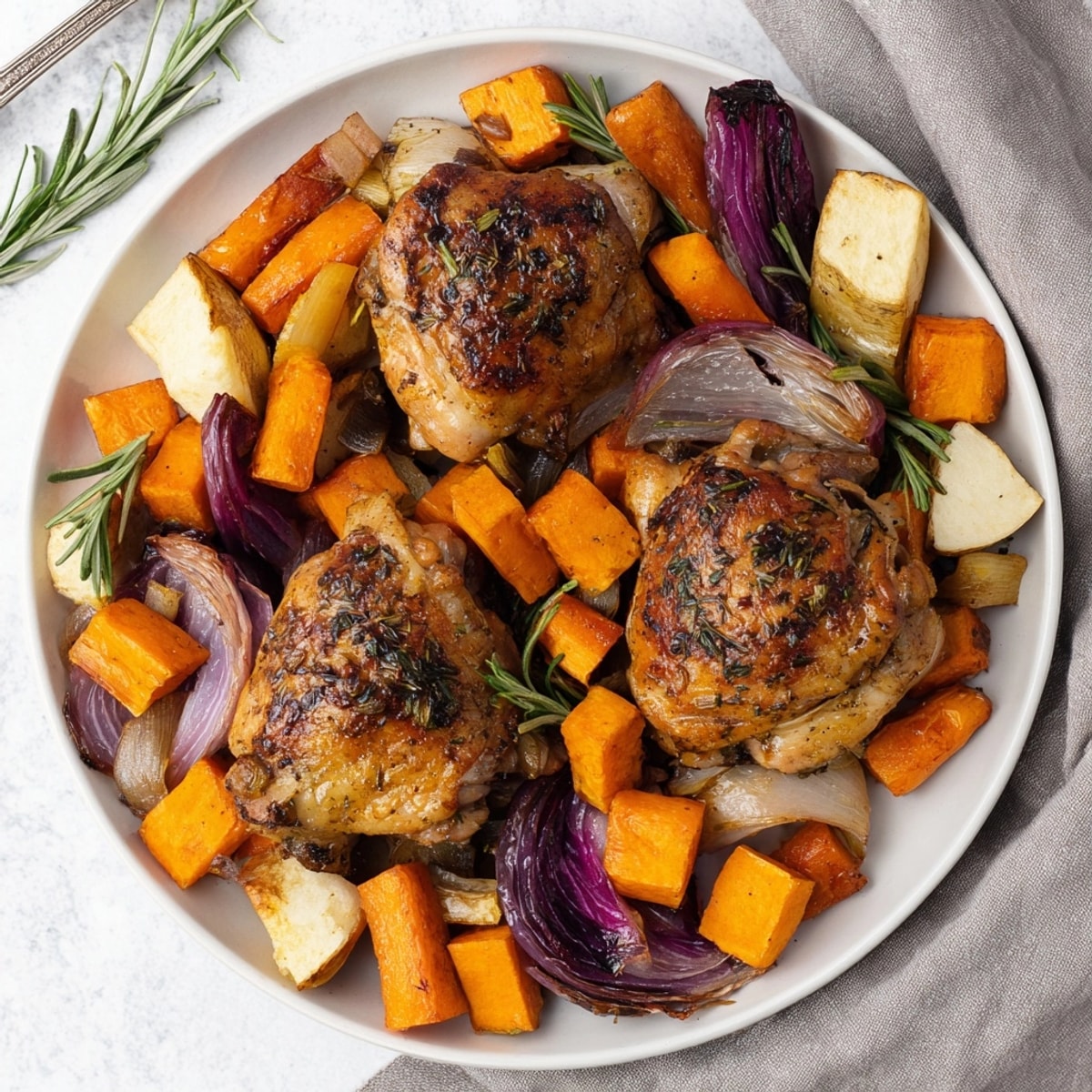 Aromatic Honey-Glazed Chicken with Roasted Root Vegetables, glistening in a rich, sweet glaze.