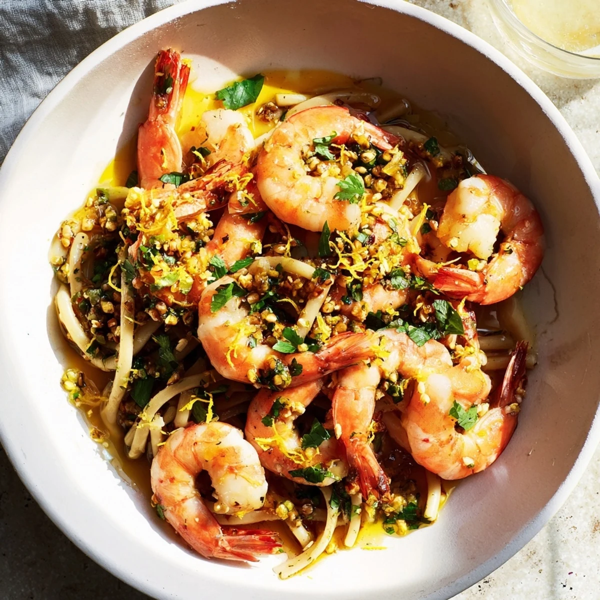 Light & Bright Lemon Herb Shrimp Scampi, a glistening dish, offers a zesty bite with fresh herbs.