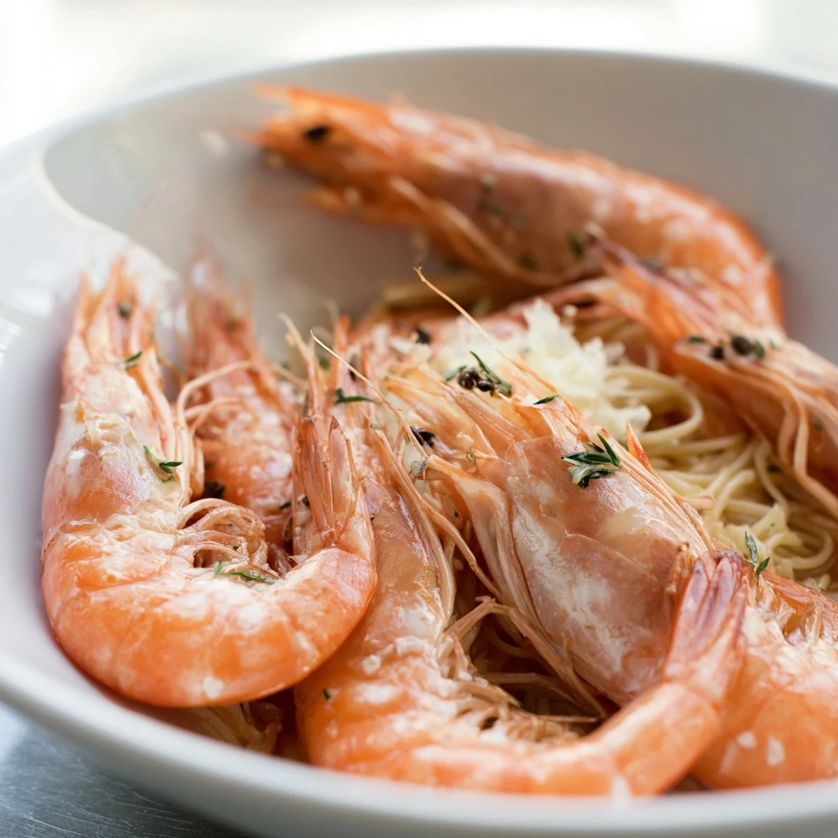 This bowl of Light & Bright Lemon Herb Shrimp Scampi features tender shrimp in a bright, lemony broth.