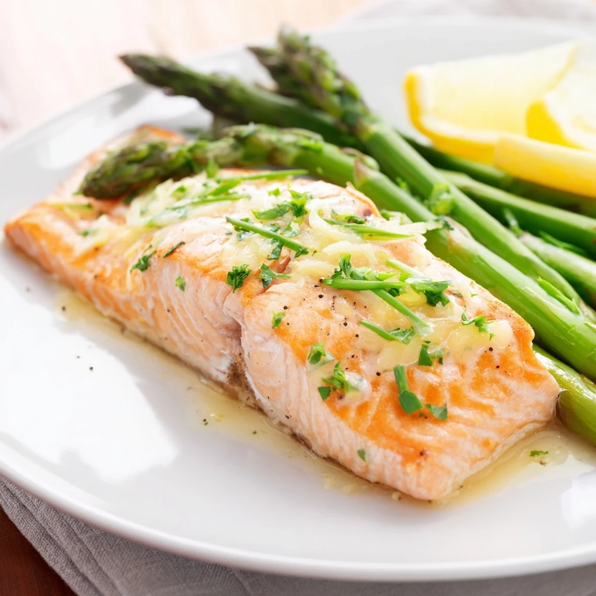 Golden-brown Skillet Lemon-Butter Salmon, perfectly cooked alongside tender asparagus spears.