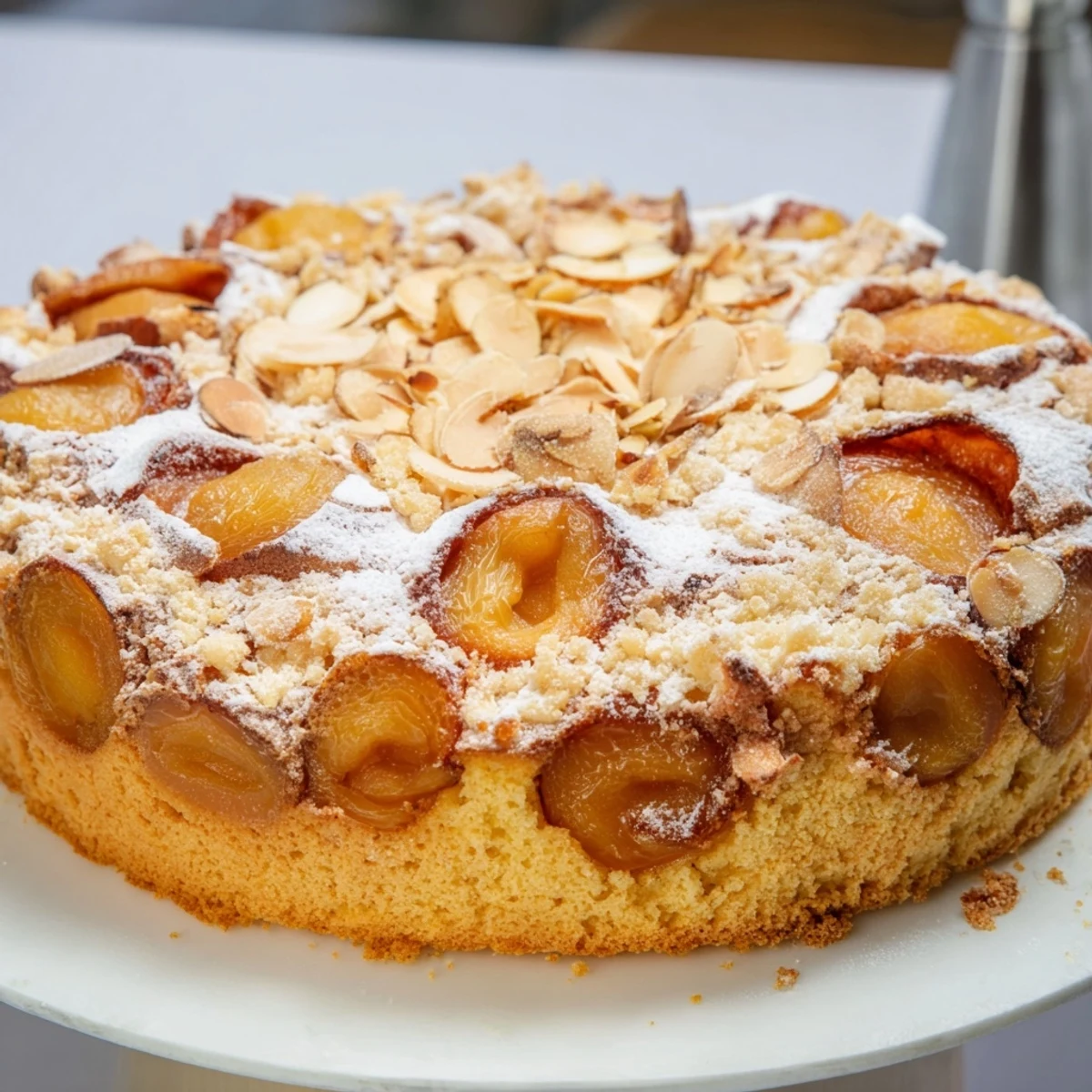 Moist, golden Soft Sweet Plum-Infused Almond Cake, topped with sugared plums and almonds, ready to serve.