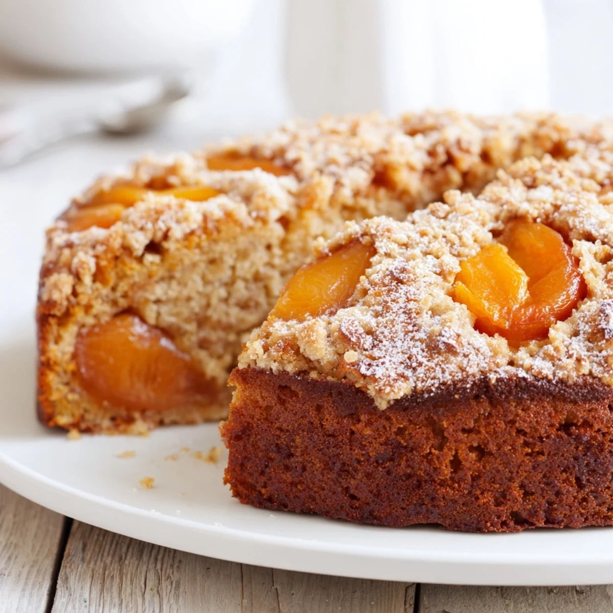 A warm slice of Soft Sweet Plum-Infused Almond Cake showcases juicy plums and toasted almond topping.