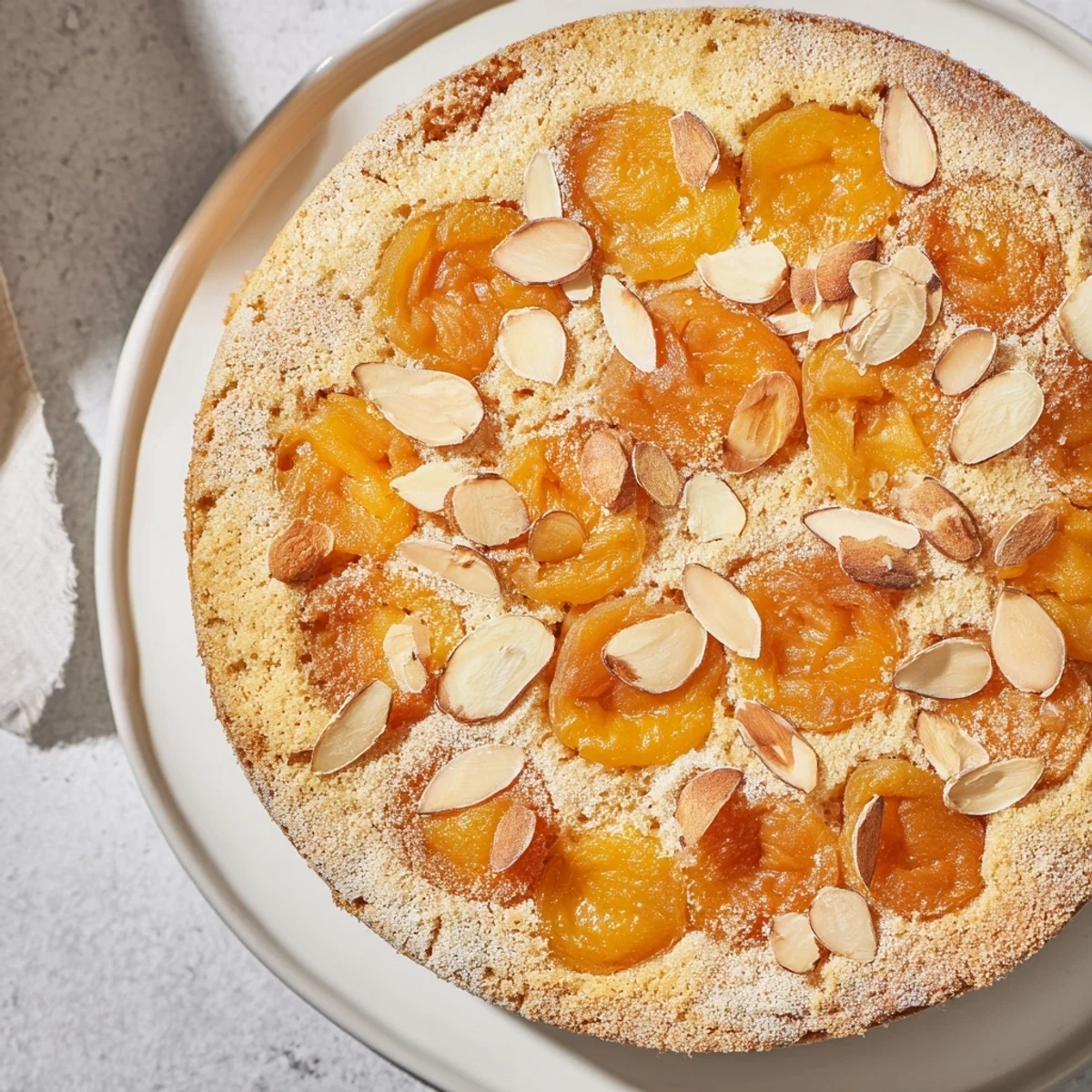 Close-up of a rustic, baked Soft Sweet Plum-Infused Almond Cake, perfect for dessert with coffee.