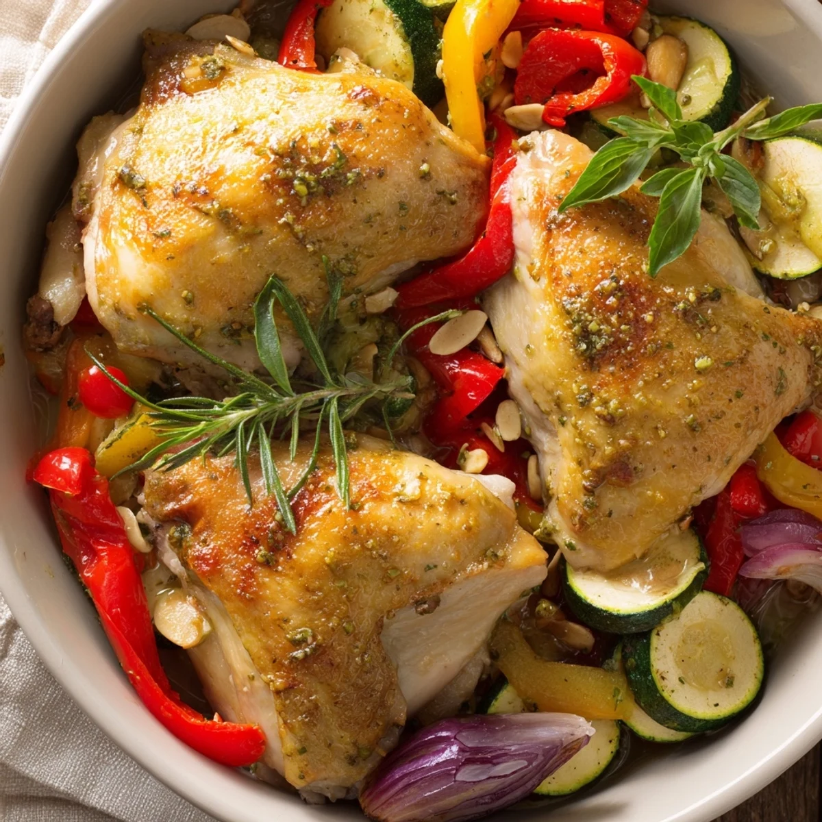 Tender Basil-Soft Chicken and Veggie Sheet Pan Dinner with glistening roasted vegetables and herb-infused chicken.