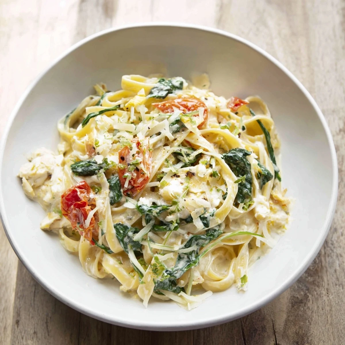 A close-up of creamy One-Pot Tuscan Garlic Herb Pasta, brimming with sun-dried tomatoes and herbs.