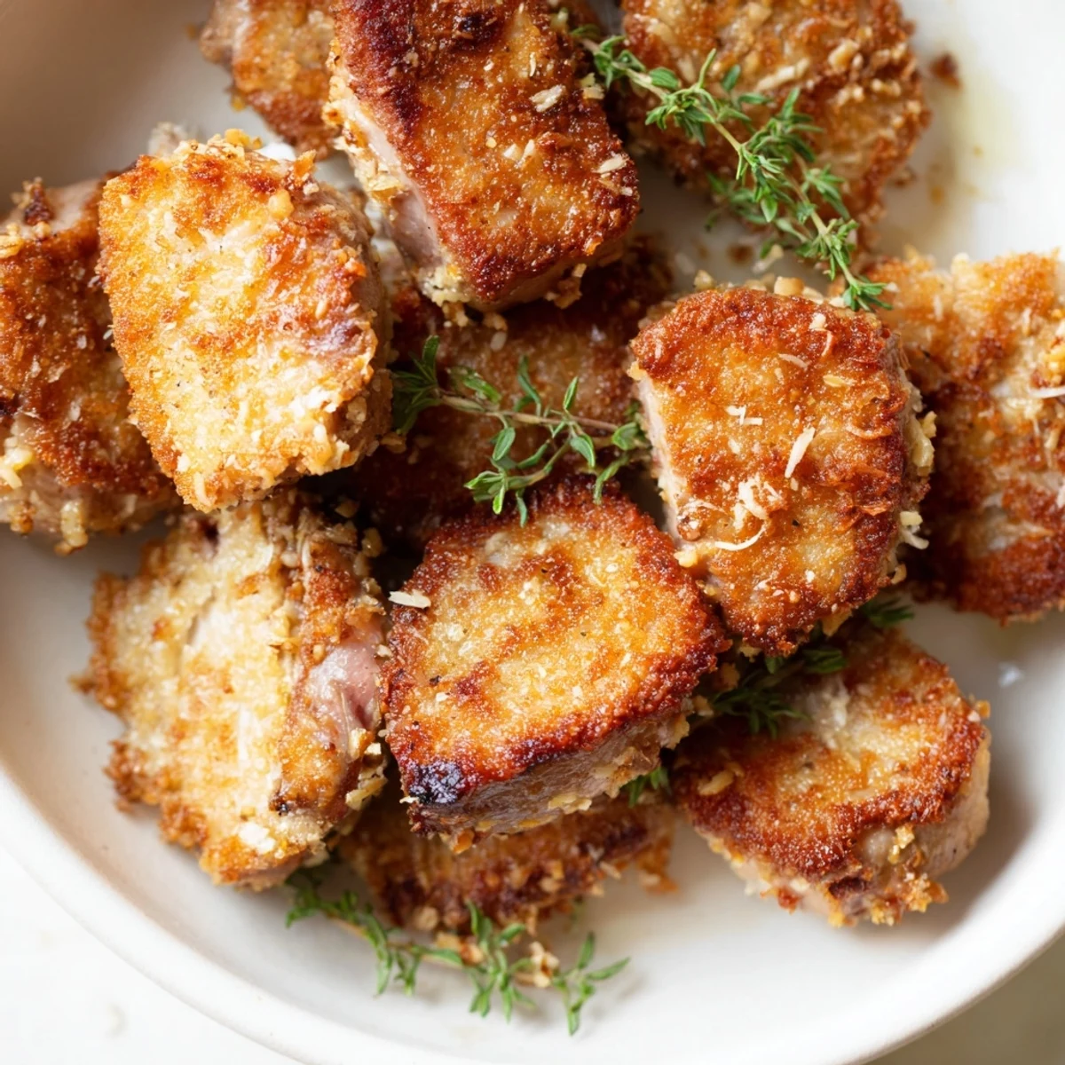 Crispy pecan-crusted pork tenderloin, with visible flecks of thyme, served alongside roasted vegetables.