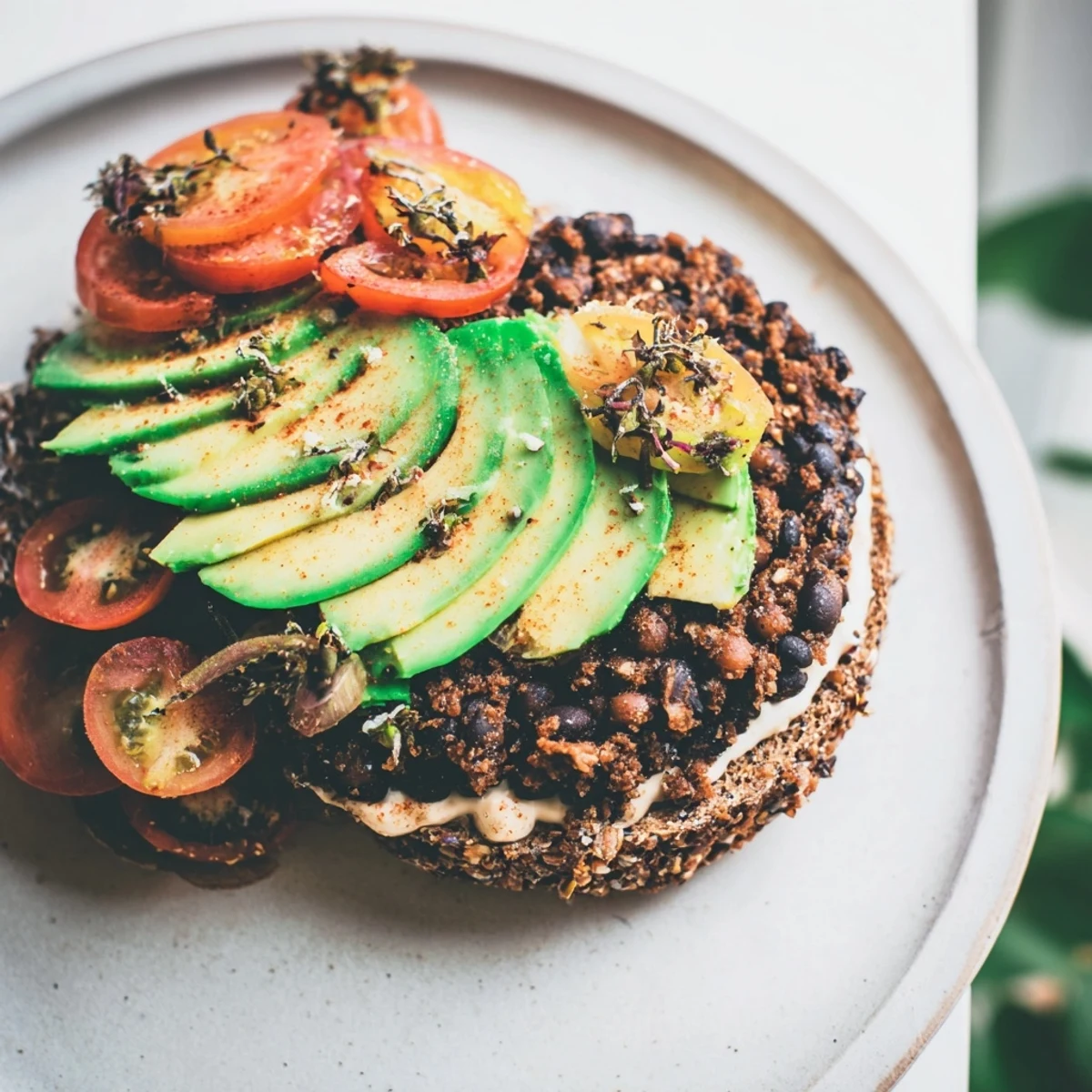 Close-up of a delicious Zesty Weeknight Black Bean Burger, ready-to-eat with fresh toppings.