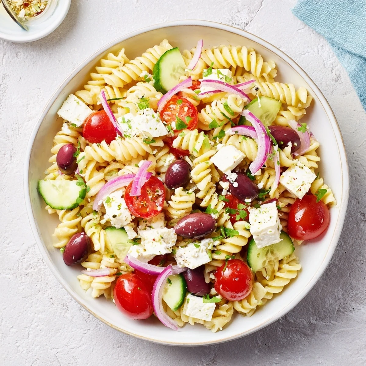 Delectable Mediterranean Olive Oil and Feta Pasta Salad, boasting bright red tomatoes and creamy feta.