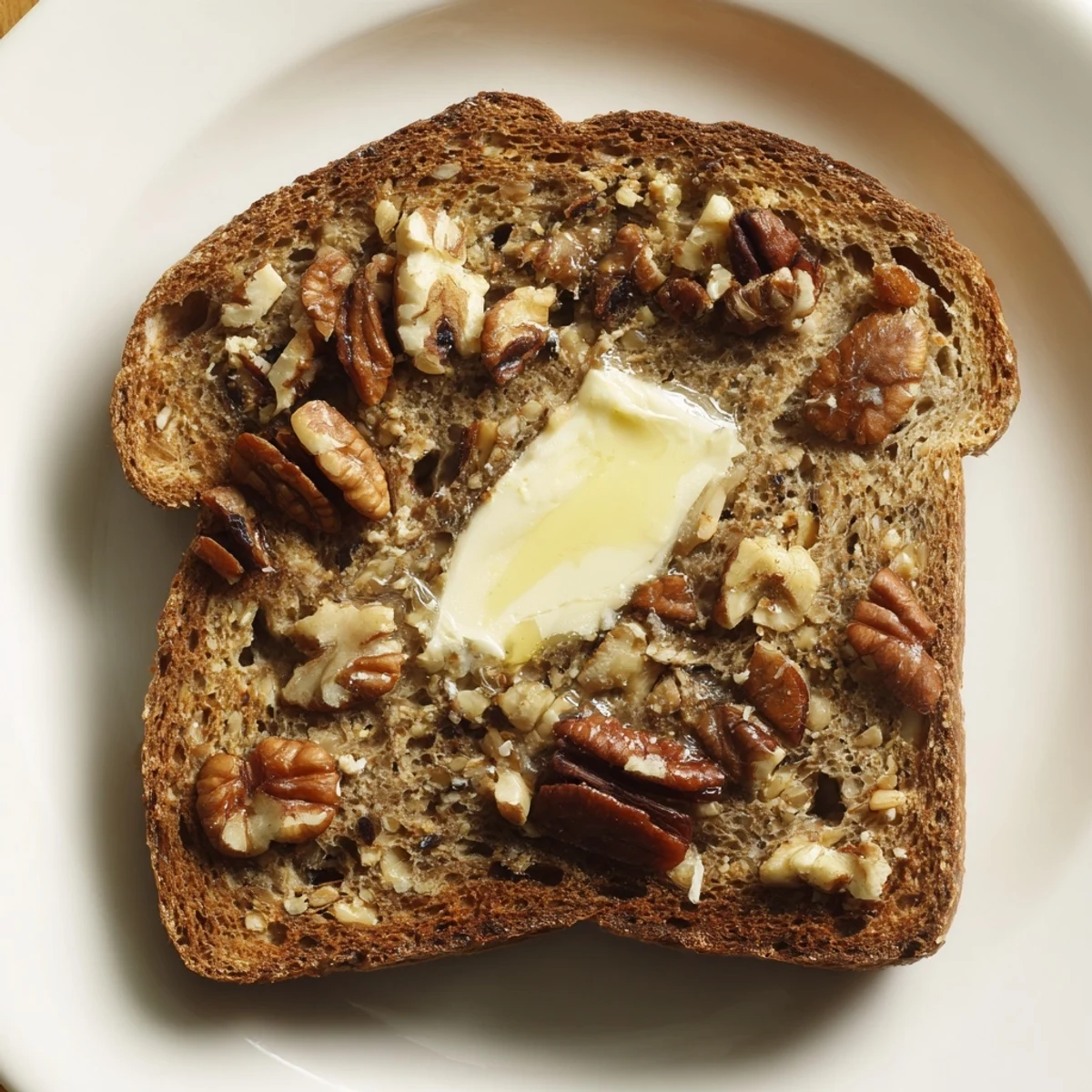 A close-up shot of a rustic, crusty Nutty Whole Wheat Loaf Bread, studded with visible nuts.
