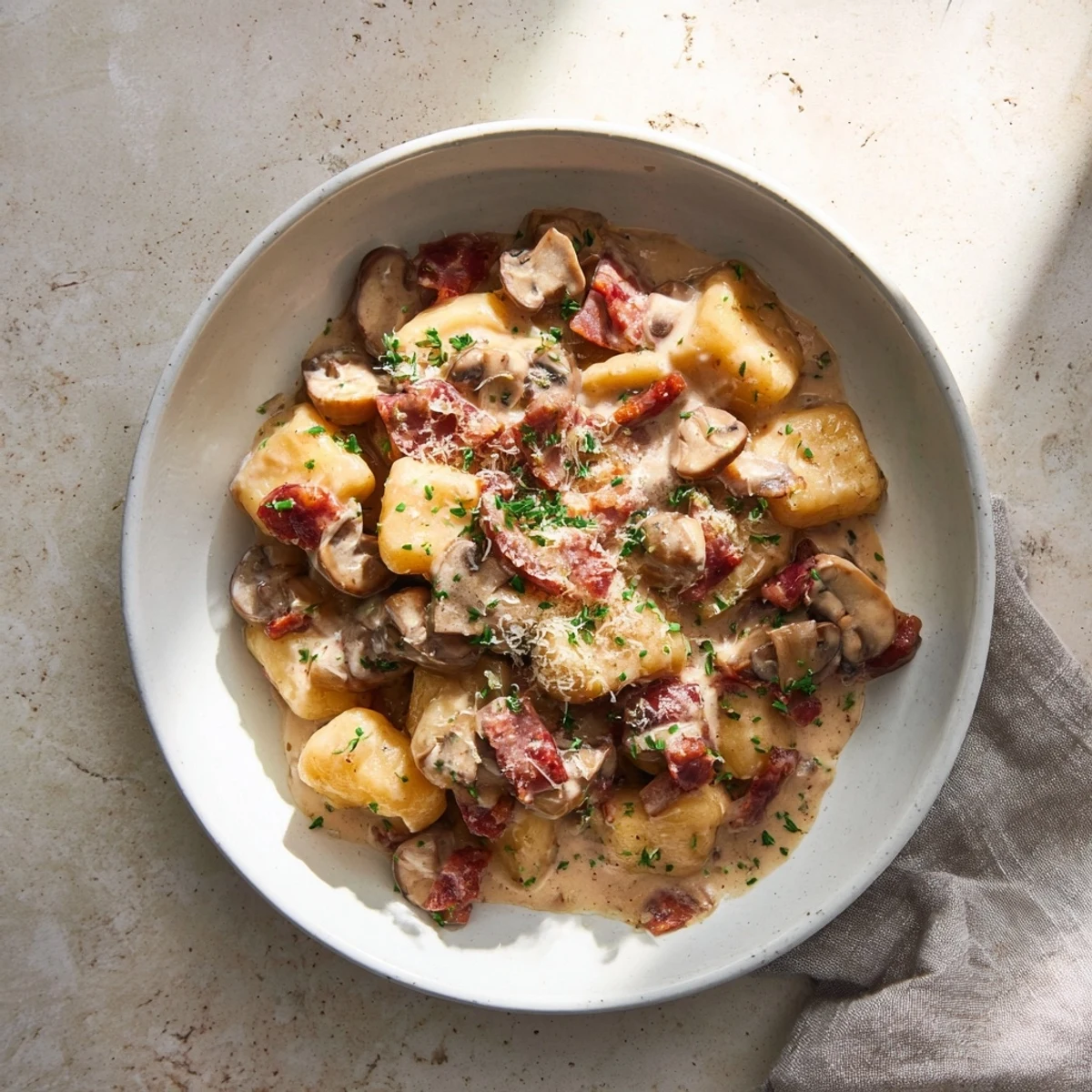 Golden-brown Woodsy Skillet Sausage and Mushroom Gnocchi bubbling in a creamy sauce, ready to serve.