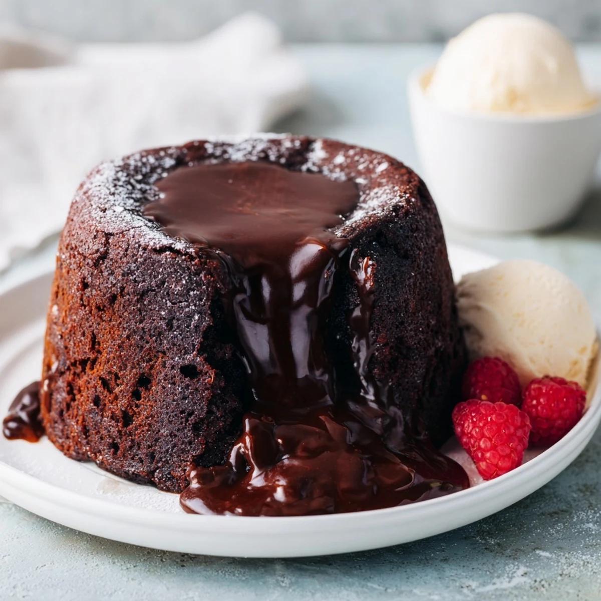 Steaming hot, perfectly gooey cocoa-warm dark chocolate lava cakes, ready with vanilla ice cream.