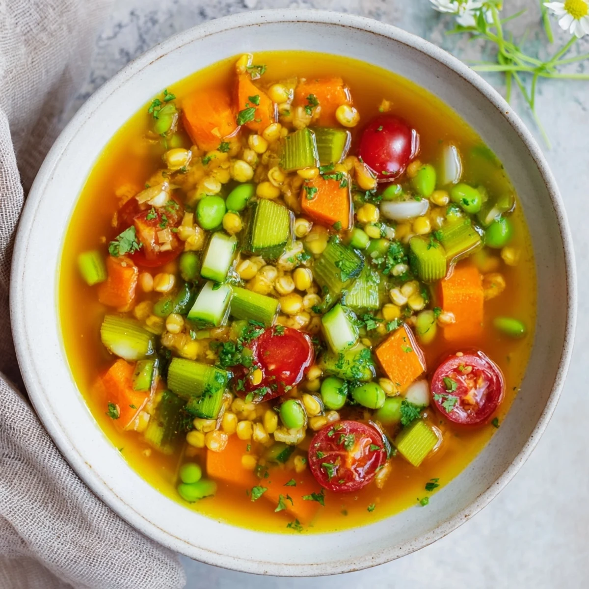 Golden broth surrounds hearty chunks of fresh vegetables in this delicious Simple Homemade Grain and Vegetable Soup.