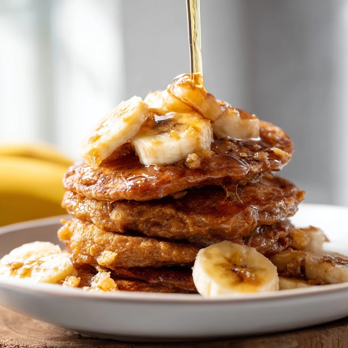 Golden-brunch banana pancakes, stacked high, drizzled with warm maple syrup, perfect for weekend breakfast.