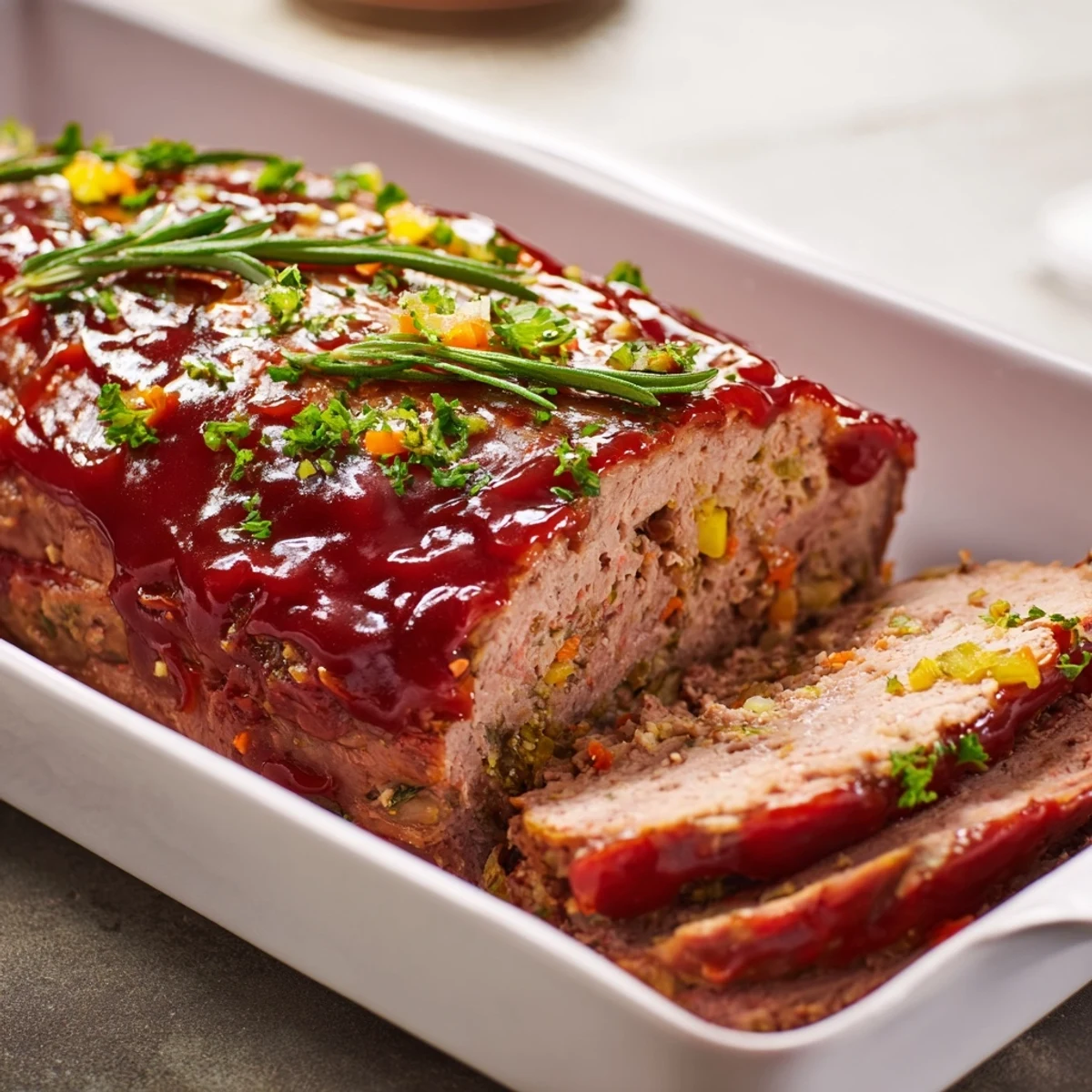 A hearty slice of Everyday Herb-Sprigged Turkey Meatloaf, glistening with a sweet, tangy ketchup glaze.