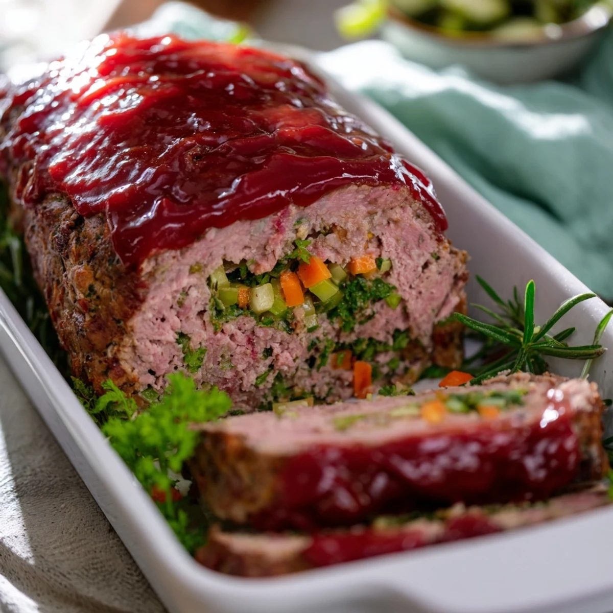 Close-up of freshly baked Everyday Herb-Sprigged Turkey Meatloaf, speckled with herbs and perfectly cooked.