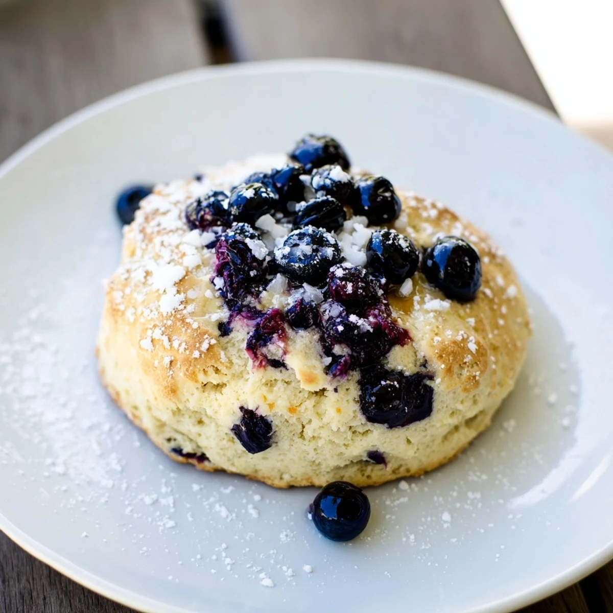 A plate of freshly-baked Rustic Birch-Warm Blueberry Scones, perfect for a delightful breakfast, are visible.