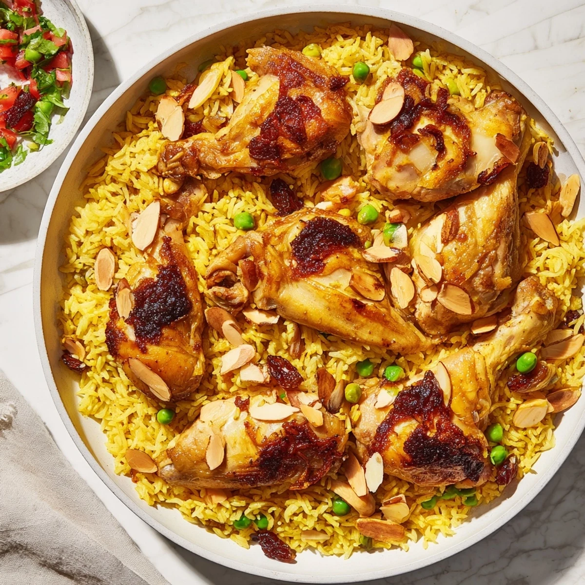 Golden saffron chicken and rice pilaf, a warm, inviting one-pot meal with plump rice and tender chicken.