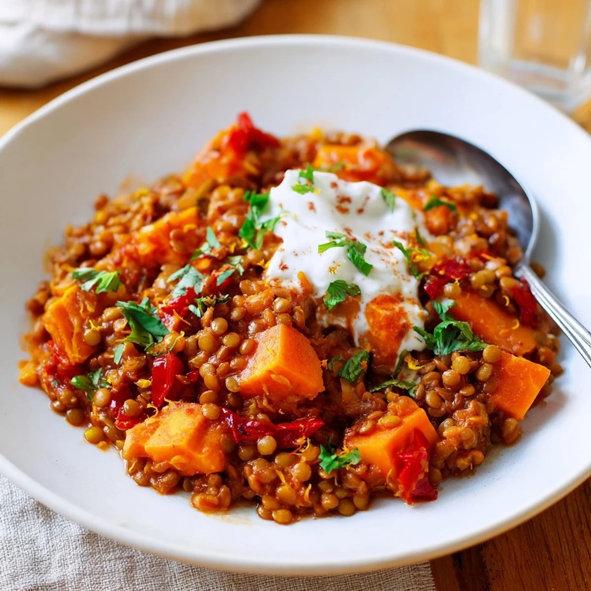 Steaming bowl of Wheat-Warm Hearty Lentil Curry, a flavorful vegetarian main course.