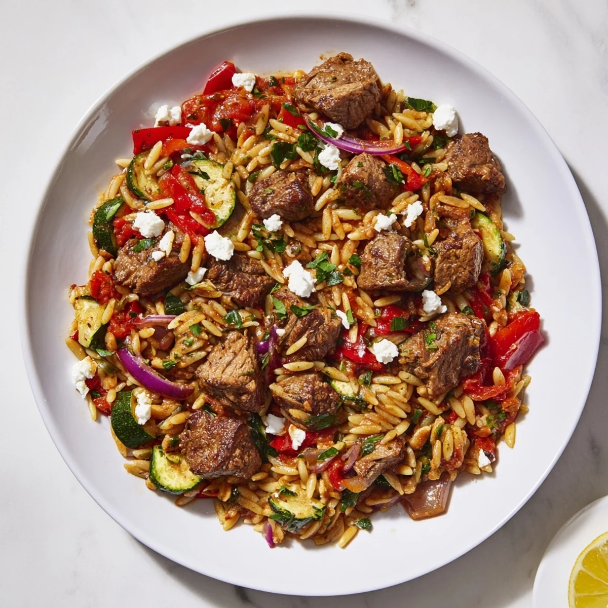 A visually appealing photo of Smoky Mediterranean Lamb and Orzo Supper, ready to serve with feta and parsley.