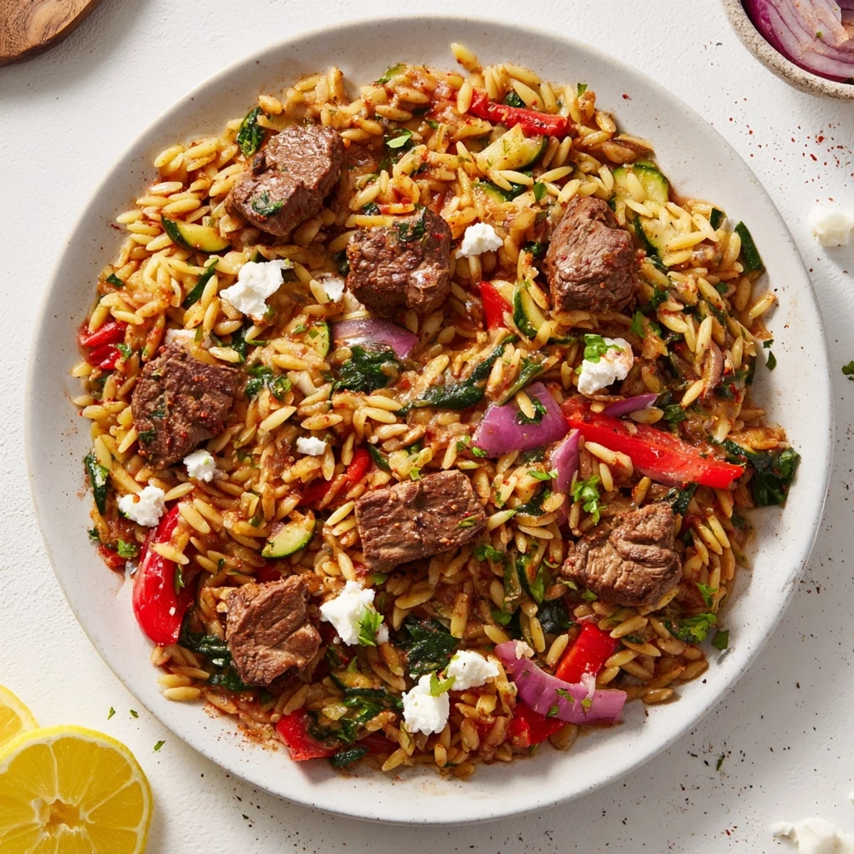 Savor the delicious one-pot goodness: steaming Smoky Mediterranean Lamb and Orzo Supper with fresh garnishes.
