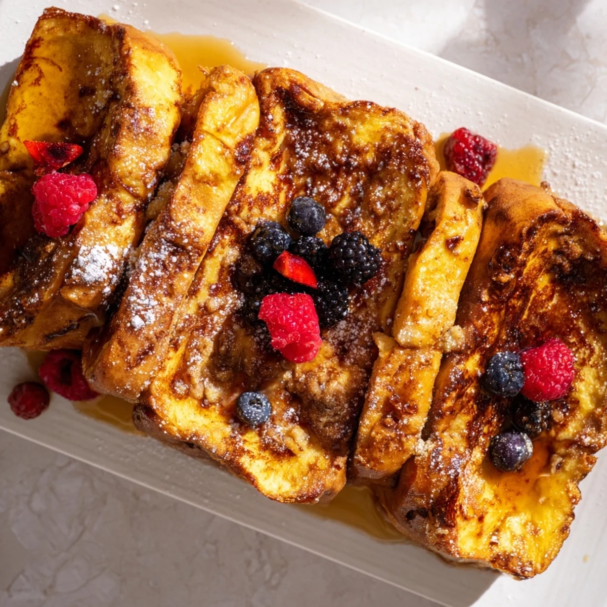 Golden-brown Soft Spice Baked French Toast Casserole, topped with cinnamon sugar, ready to serve with berries.