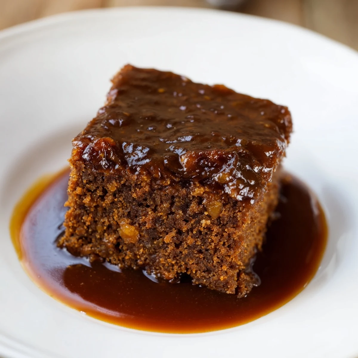 Golden-brown Weekend Cabin-Style Sticky Toffee Pudding drizzled with glistening, thick toffee sauce, ready to serve.