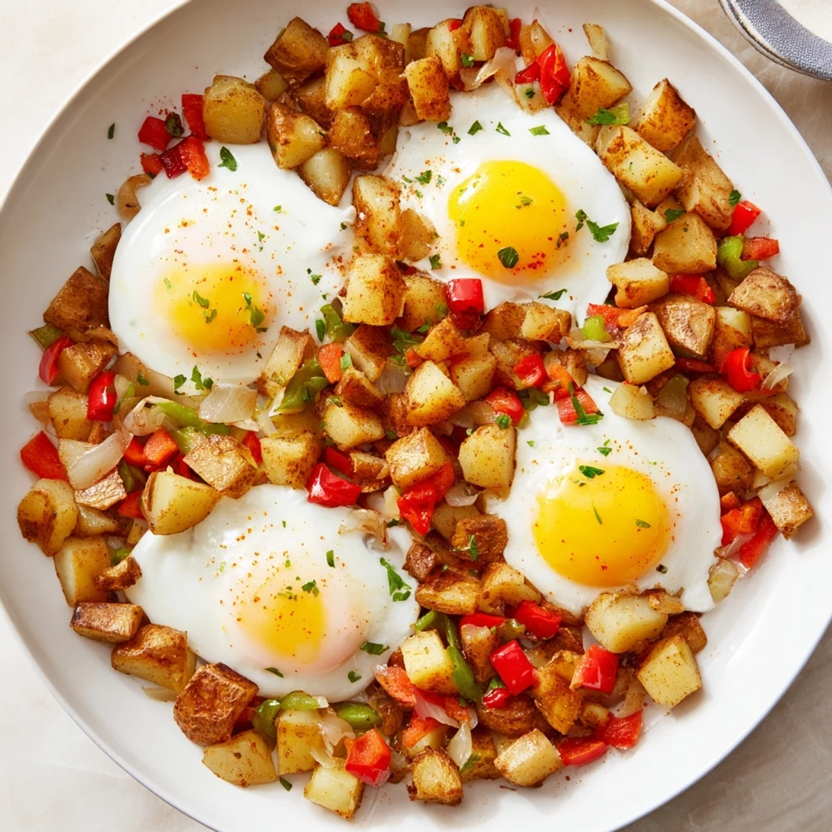 Golden-brown Simple Skillet Egg and Potato Hash, with perfectly cooked runny eggs ready to eat.