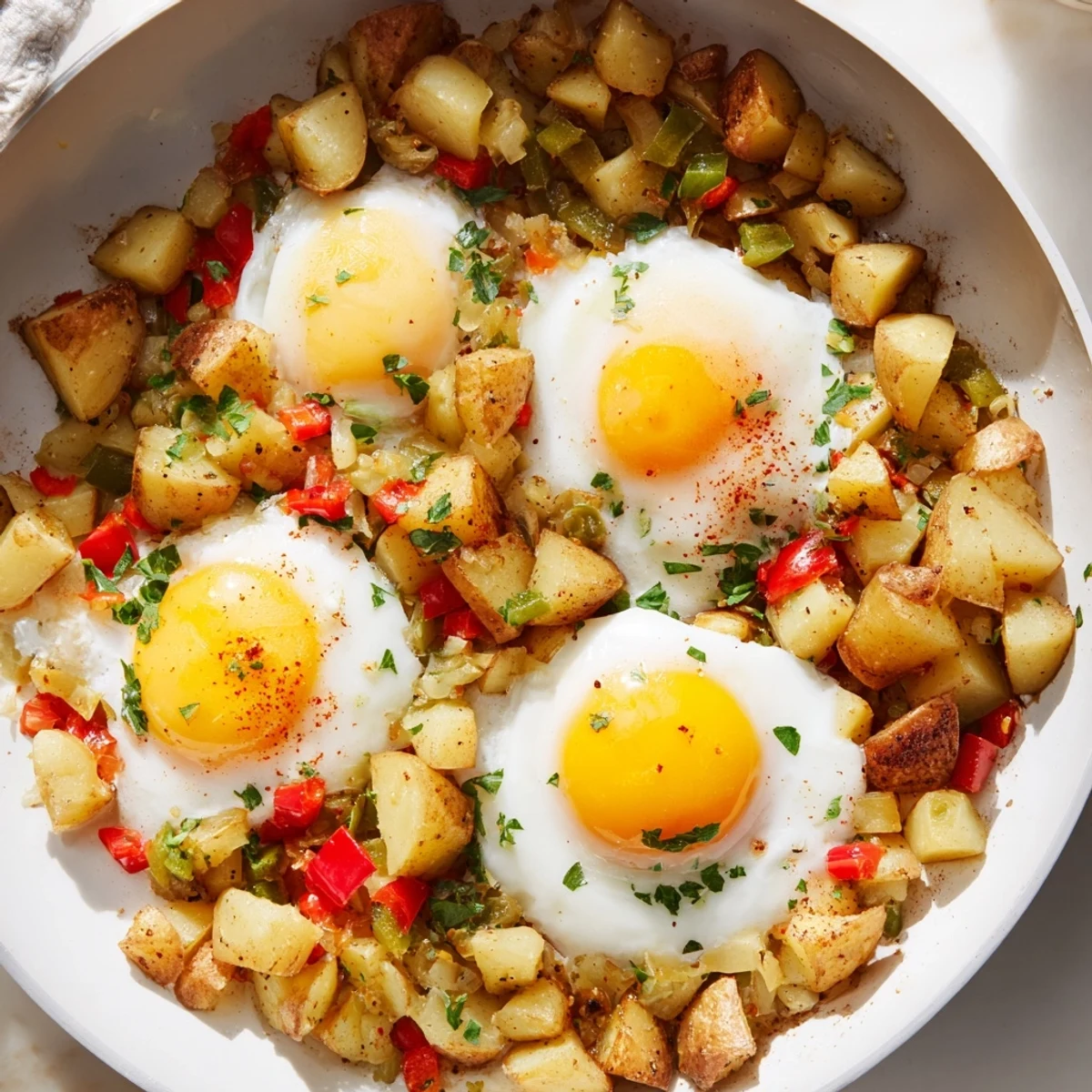 A delicious view of Simple Skillet Egg and Potato Hash, topped with fresh parsley for serving.