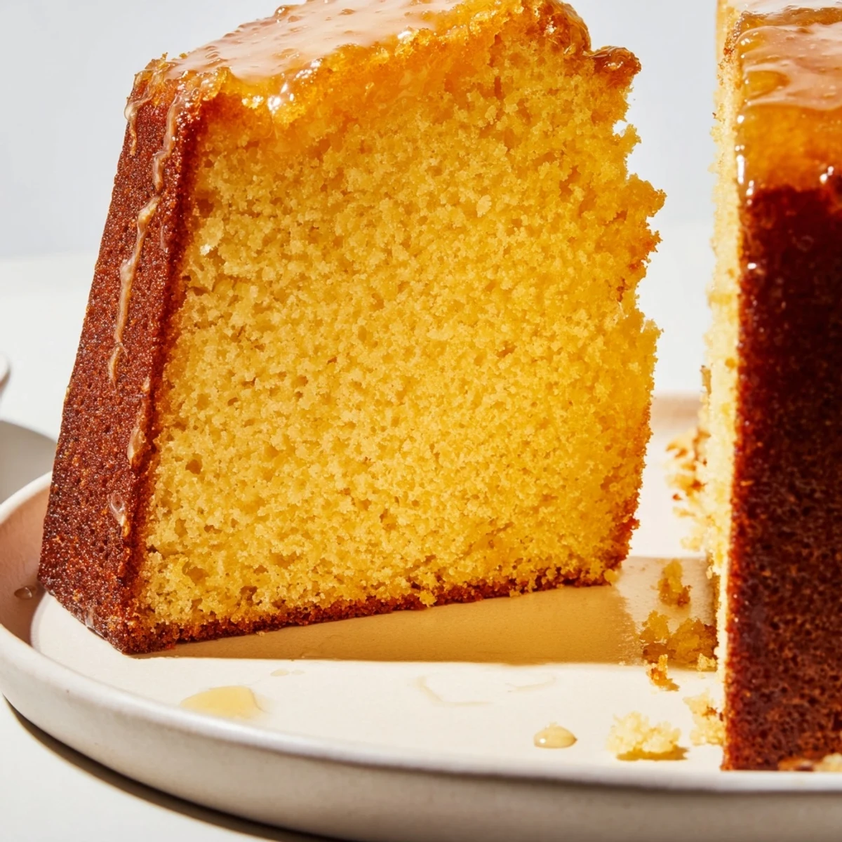 Golden, honey-kissed pound cake slice with a tender crumb, ready for serving.