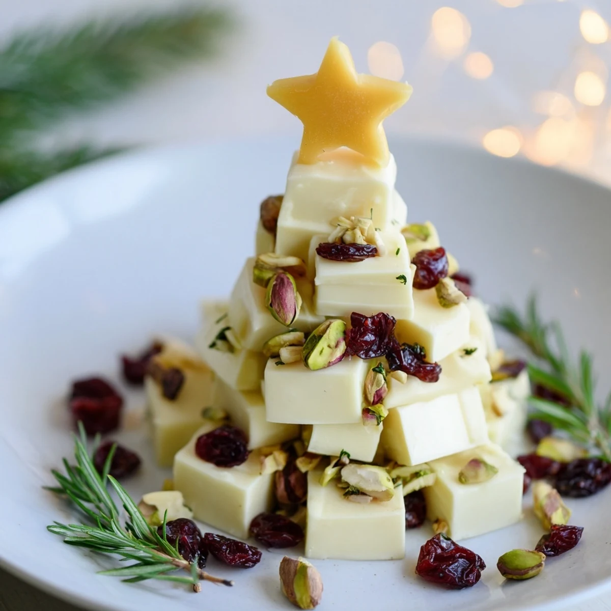 Vibrant cranberry white cheddar tree appetizer with fresh rosemary and pistachios, ready to serve.