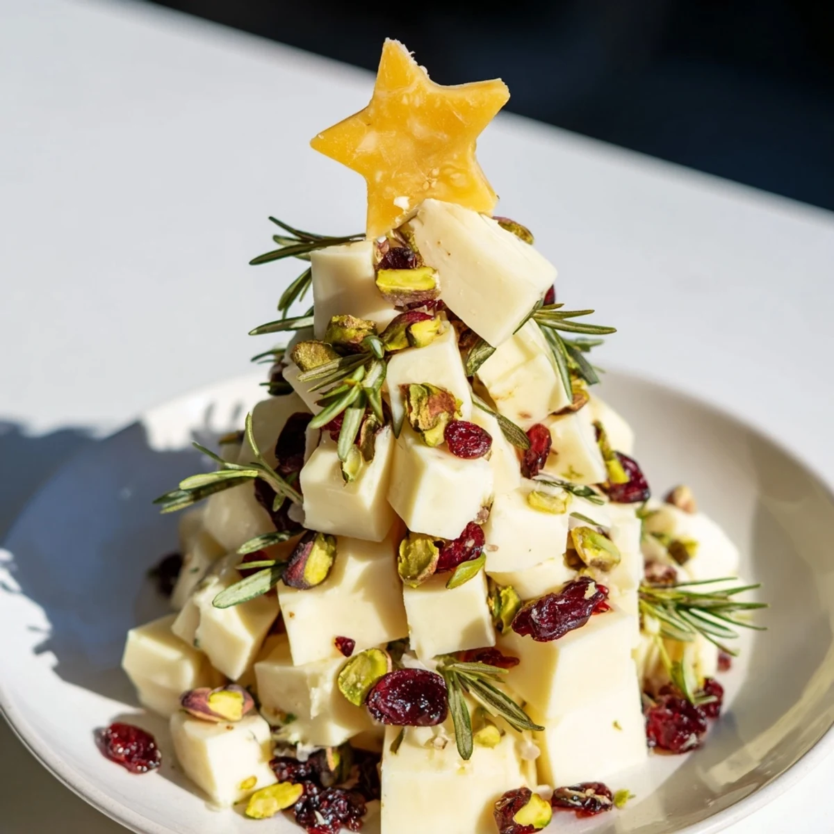 Festive holiday close-up of a delicious cranberry white cheddar tree, perfect for a party.