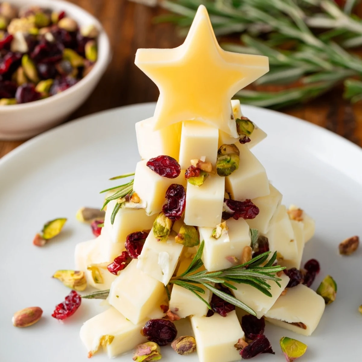 Creamy white cheddar cubes shaped into a Christmas tree, studded with cranberries, a flavorful appetizer.