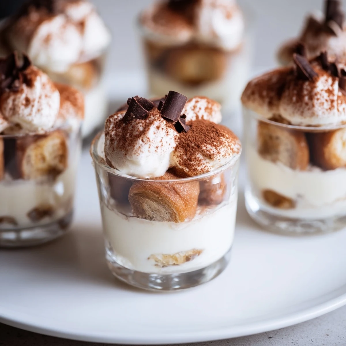 Delectable Countdown Tiramisu Shots, dusted with cocoa and served in stylish mini dessert glasses.