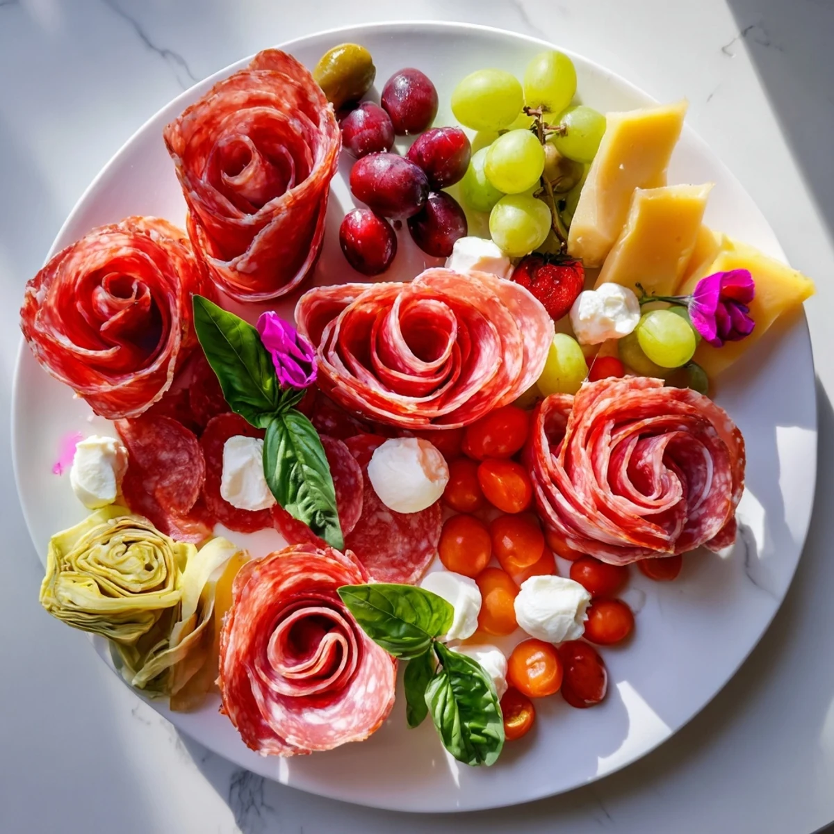 Prosciutto Rose Bouquet Board with vibrant grapes, artisan cheeses, and honey, ready to savor.