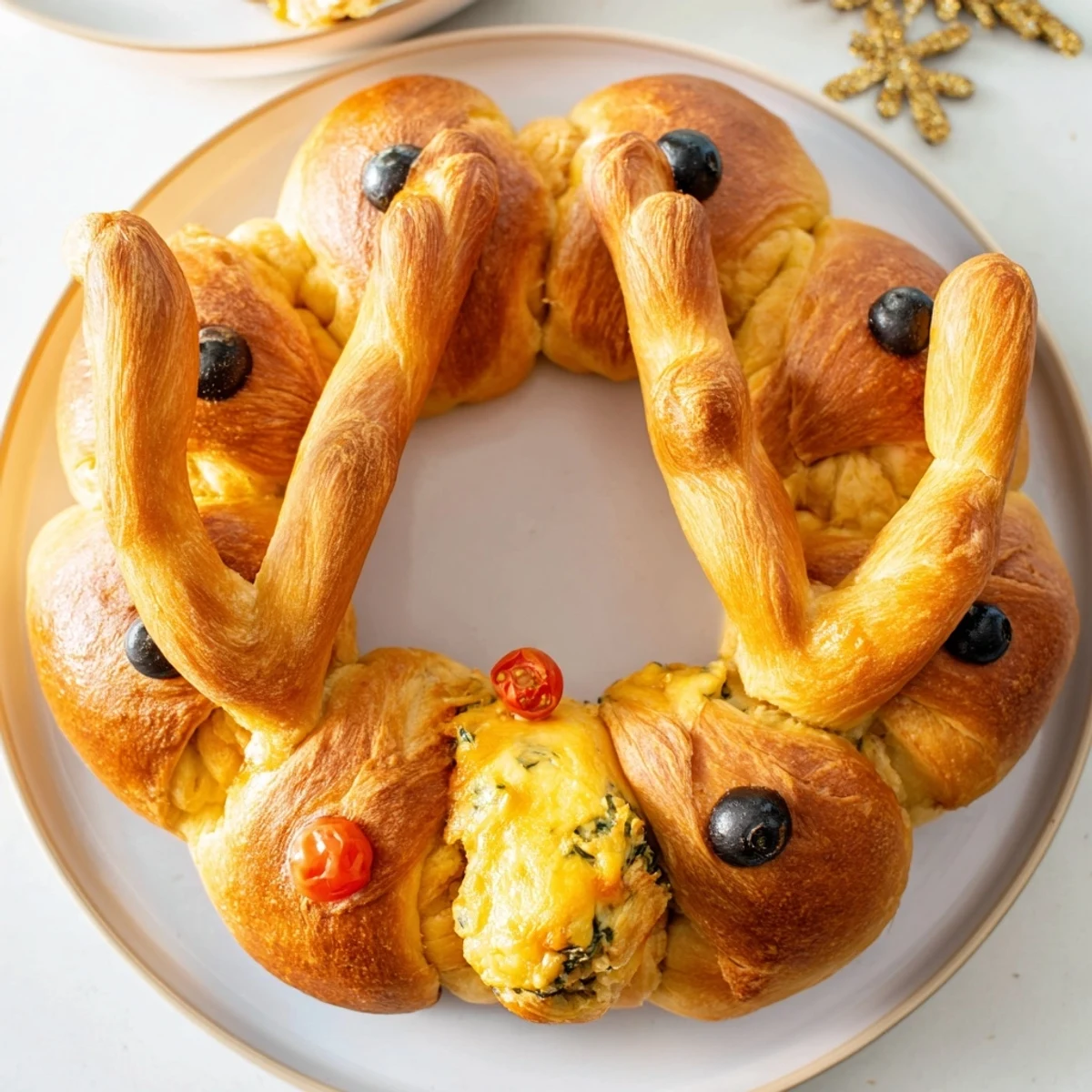 This baked Reindeer Antler Spinach Dip Ring features a creamy spinach filling inside soft, fluffy bread.