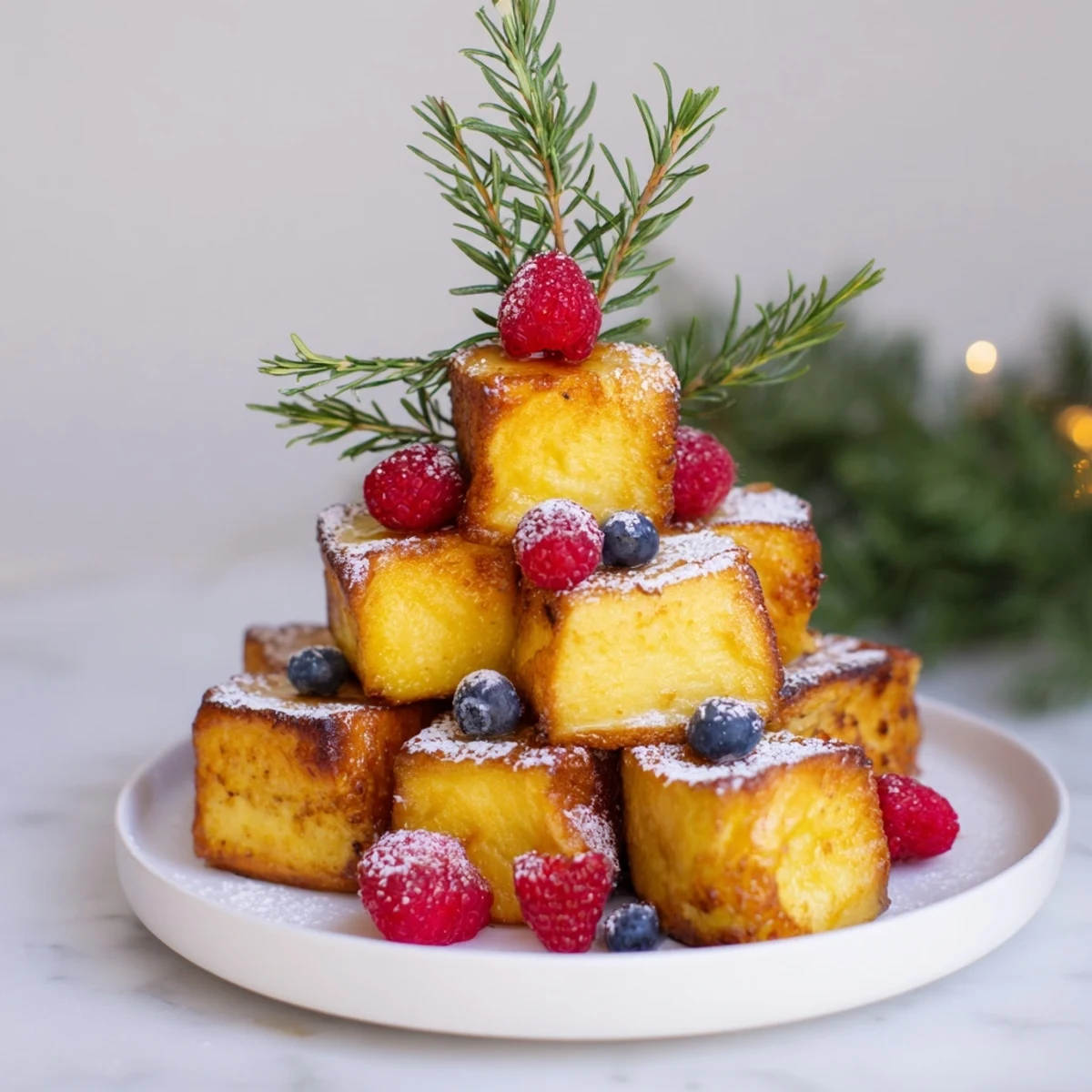 Golden-brown Eggnog French Toast Bites shaped into a holiday tree, ready to be devoured.