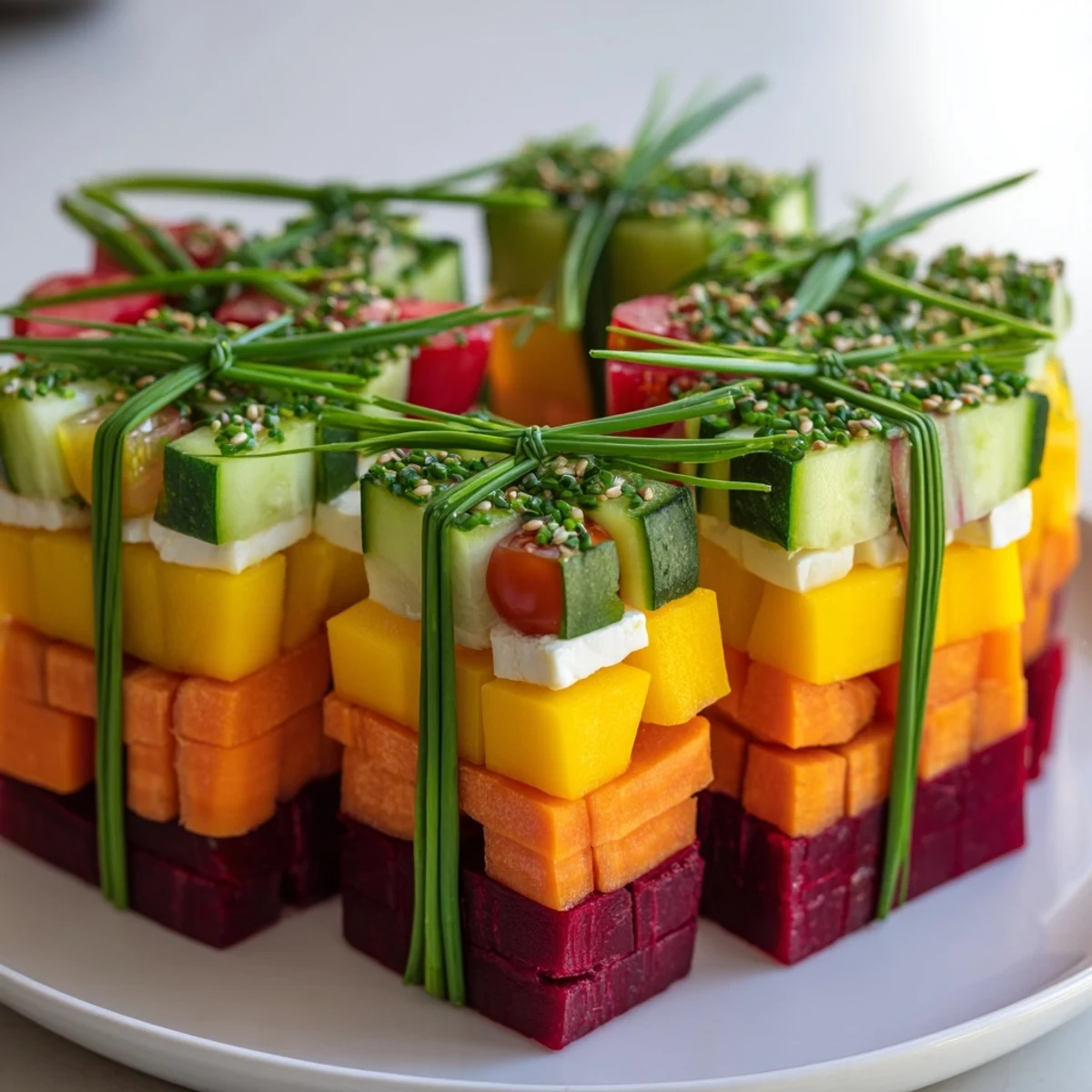 Vibrant Stacked Gift Box Veggie Cubes, a delightful appetizer with colorful veggie cubes and creamy feta.