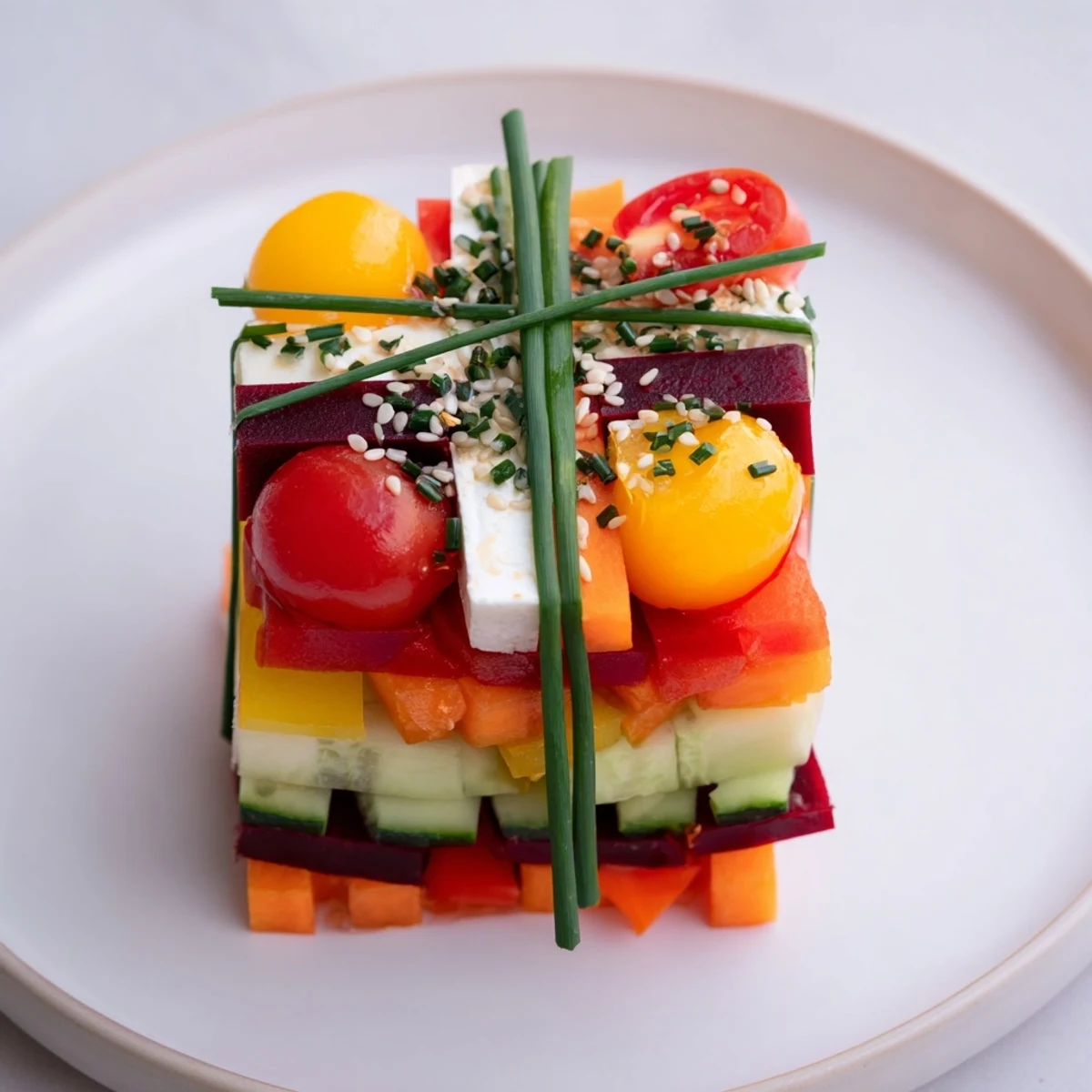 Freshly assembled Stacked Gift Box Veggie Cubes, a visual treat with red, yellow, and green vegetable layers.