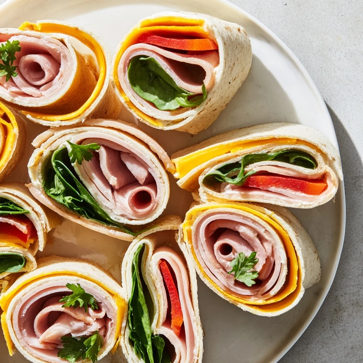 Delicious, colorful Party Sandwiches show off fillings, perfect bite-sized treats to savor.