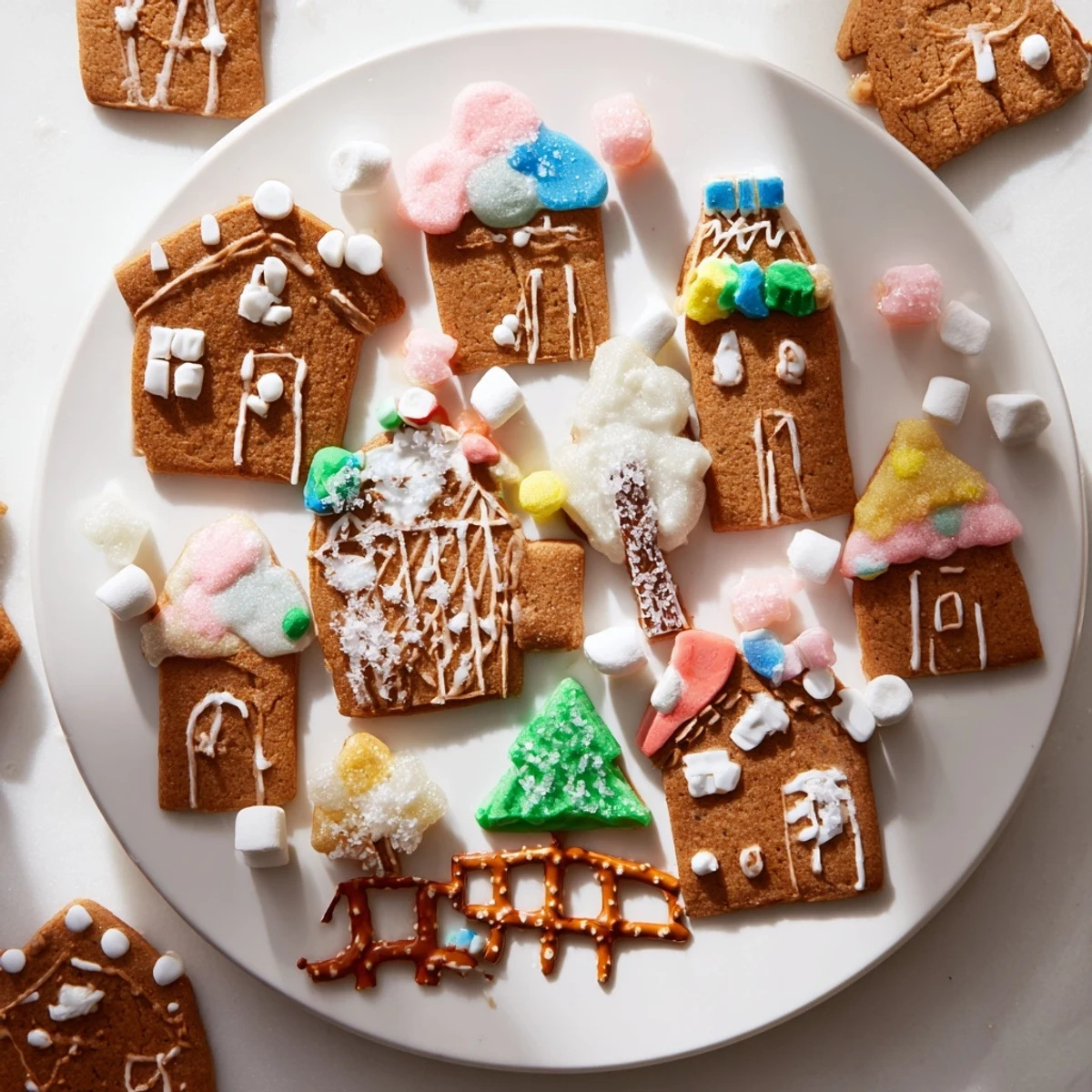 A beautifully arranged Sweet Board: Gingerbread Village dessert spread with gingerbread cookies and candies.