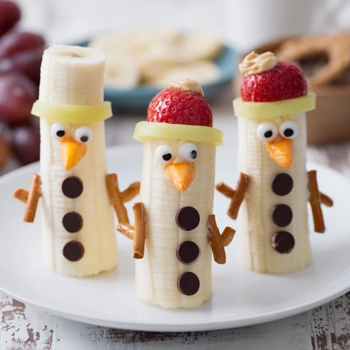 Festive Banana Peanut Butter Snowmen are ready to eat, featuring pretzel arms and fruit hats and scarves.