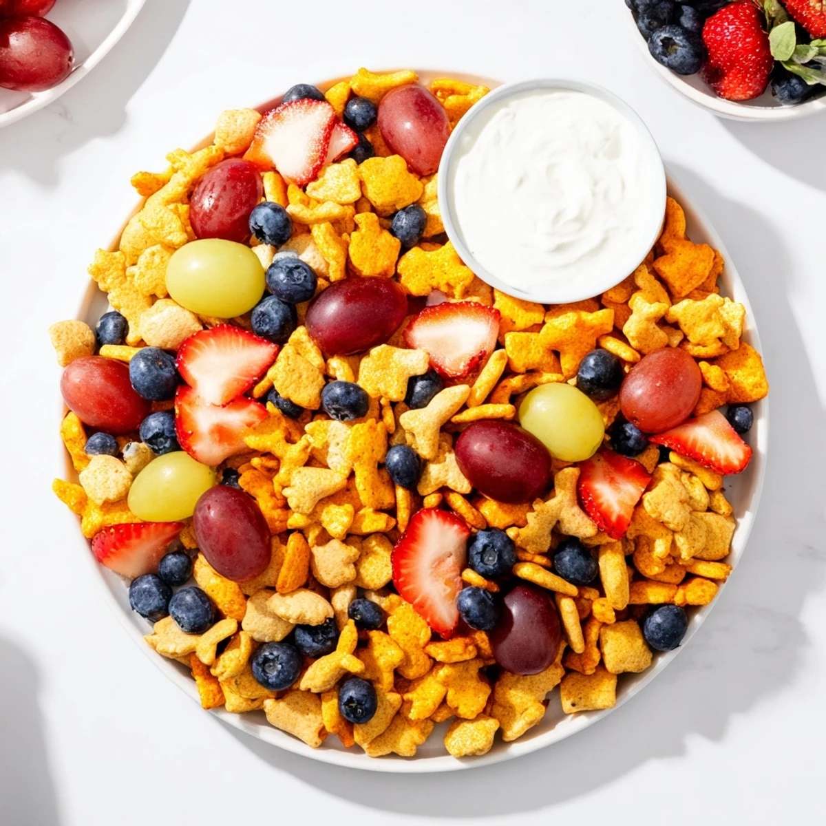 A colorful, inviting platter showcasing rainbow Goldfish crackers and fresh fruit, ready to eat.