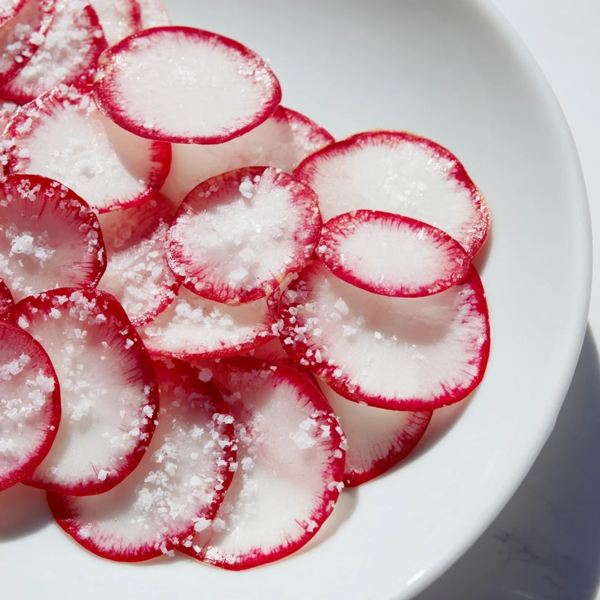 Freshly prepared Radish Slices with Sea Salt, perfect for a light, healthy vegan appetiser.