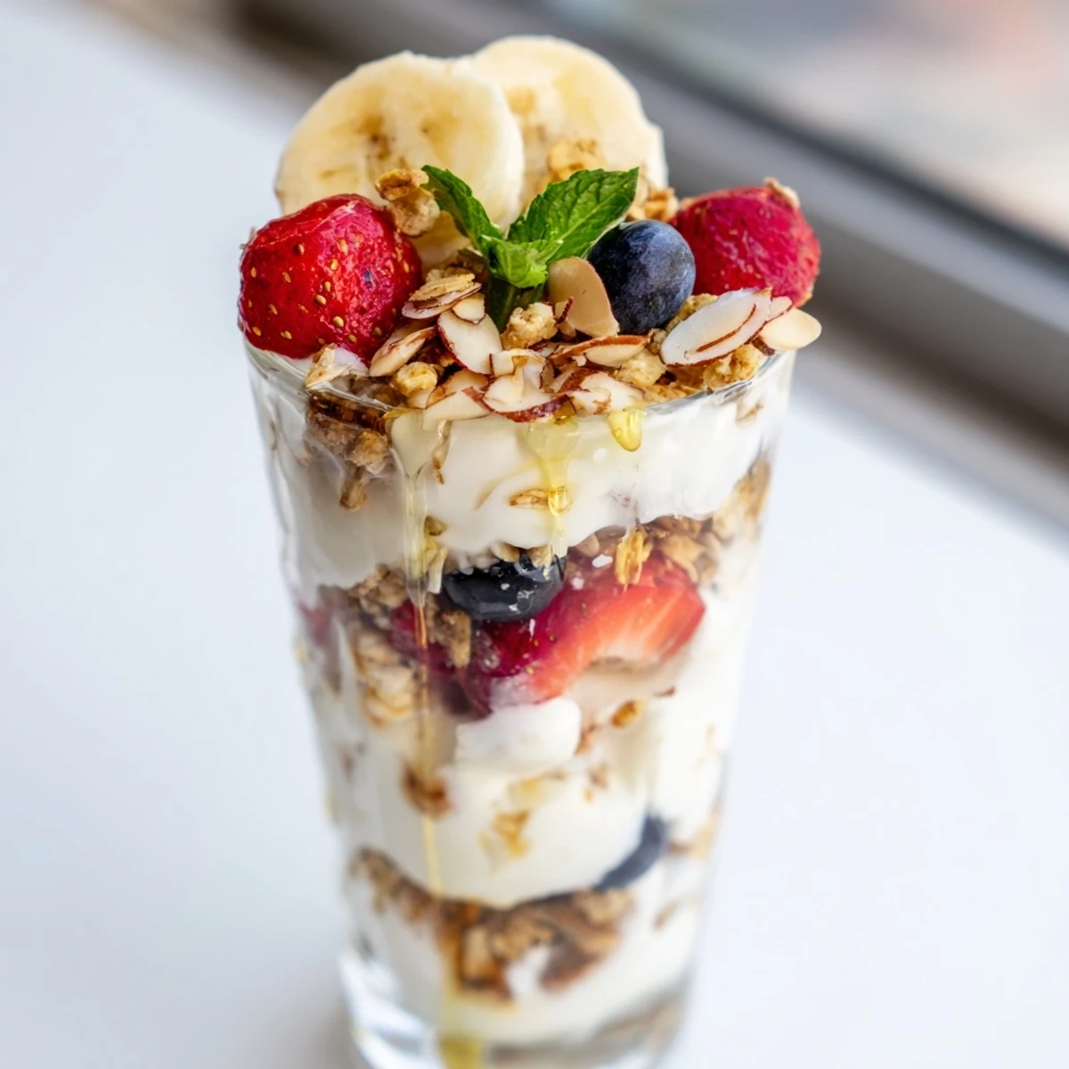 Creamy yogurt and granola parfait glasses showcase layers of fresh berries and a golden granola crunch.