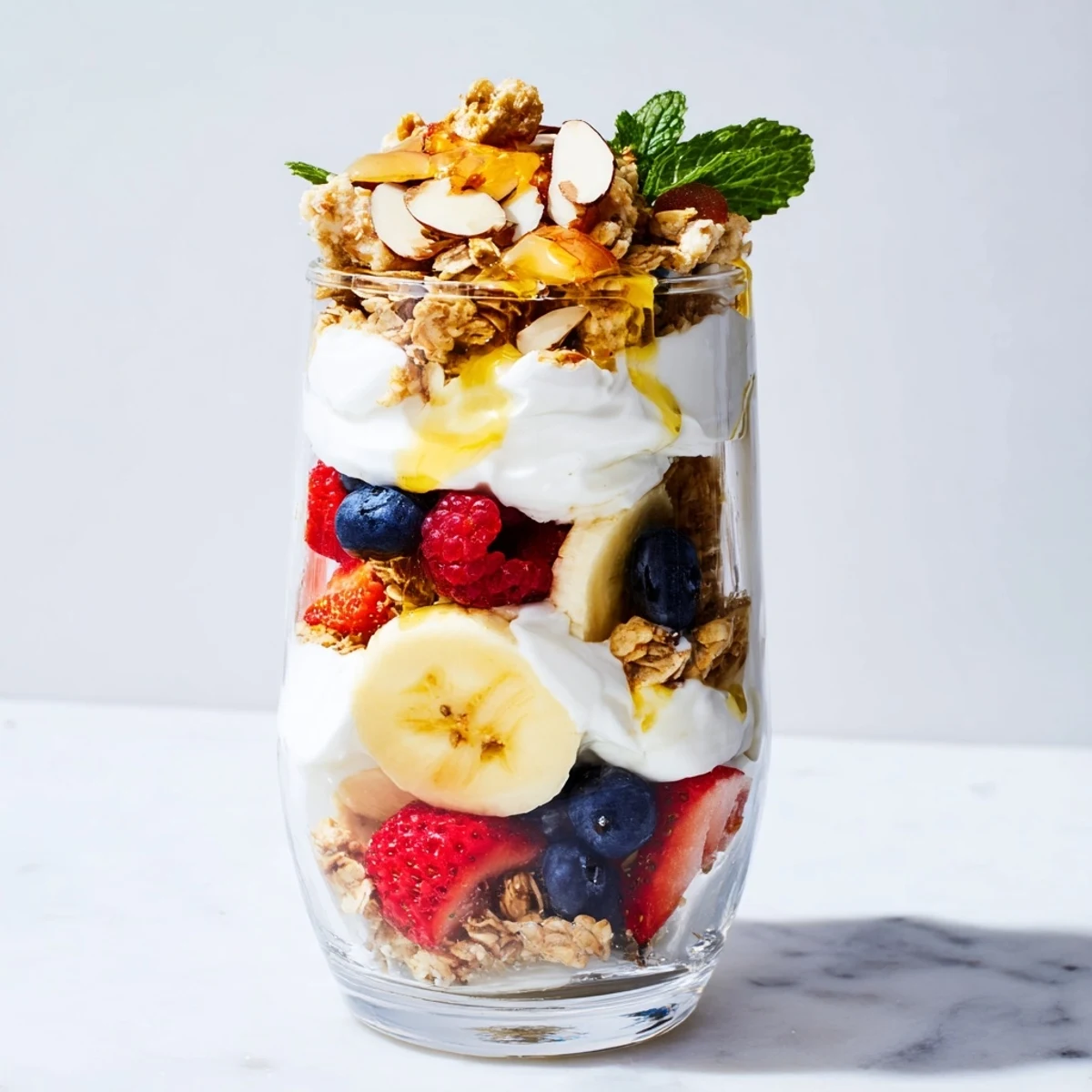 A layered parfait featuring yogurt, crunchy granola, and vibrant fruits in elegant serving glasses.