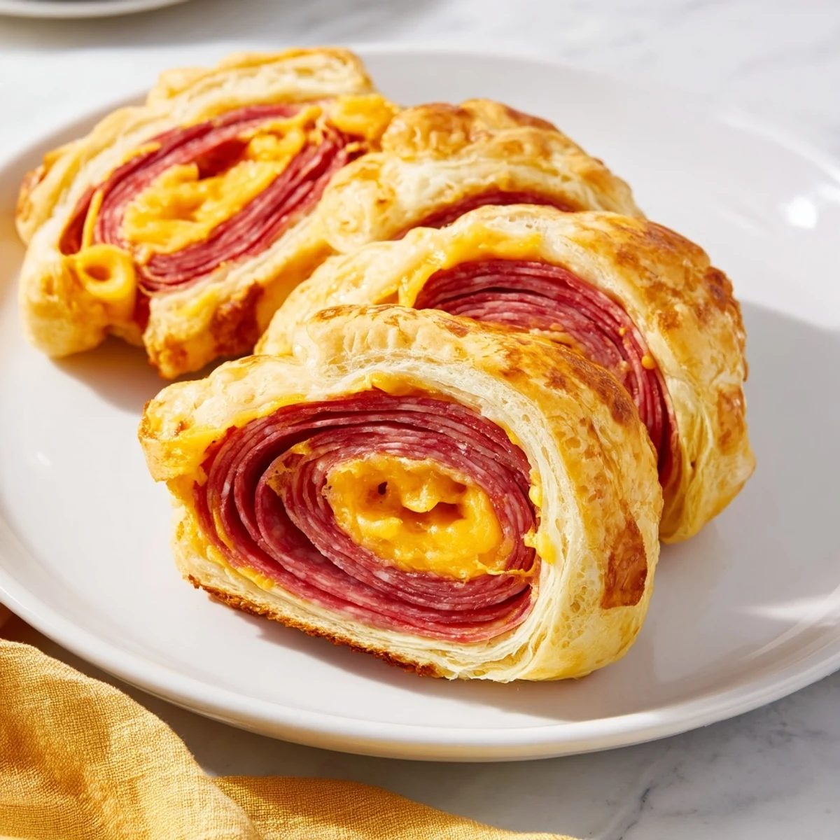 Golden, flaky Sliced Cheddar and Salami Scrolls, smelling savory with melted cheese and crispy edges.