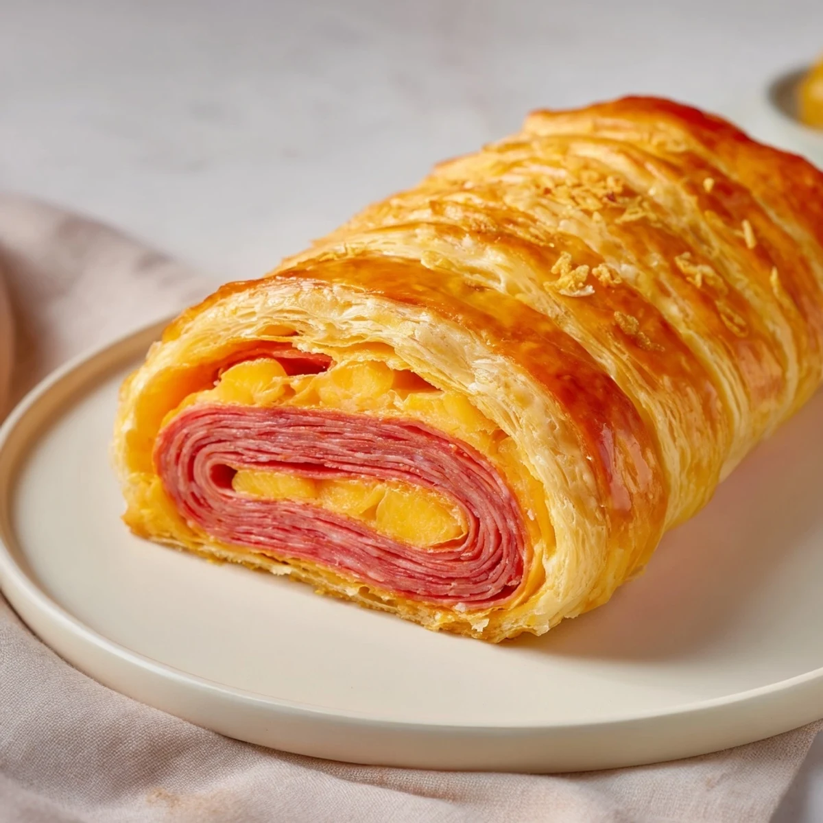 Freshly baked Sliced Cheddar and Salami Scrolls on a tray, ready to eat, with salami visible.
