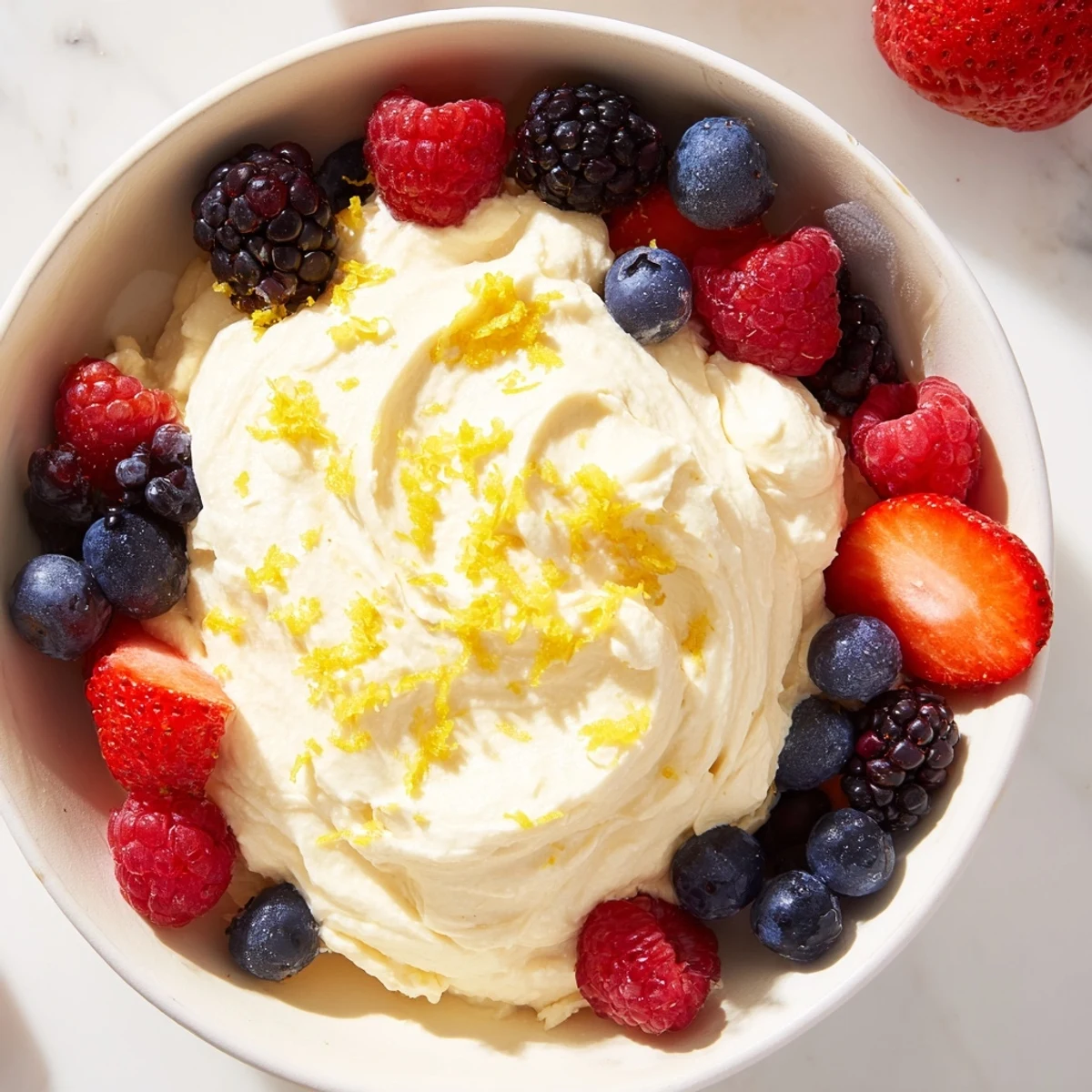 Fluffy Cream Cheese Fruit Dip, a creamy cloud accented with vibrant fresh berries.
