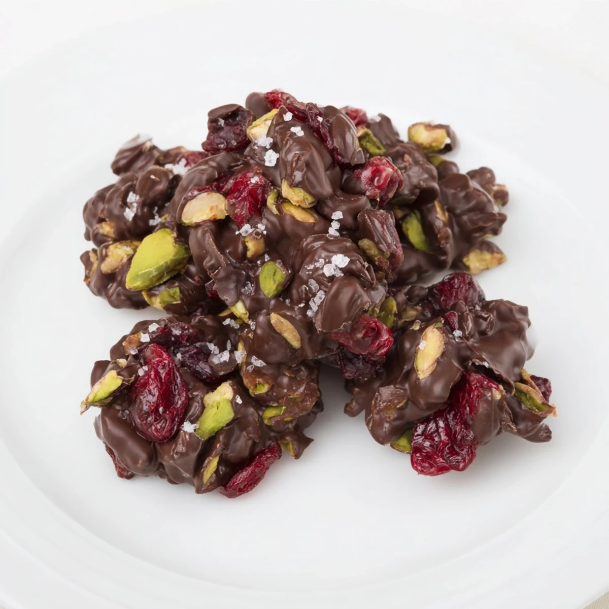 Delectable pistachio and dried cranberry clusters, glistening with dark chocolate, perfect for snacking.