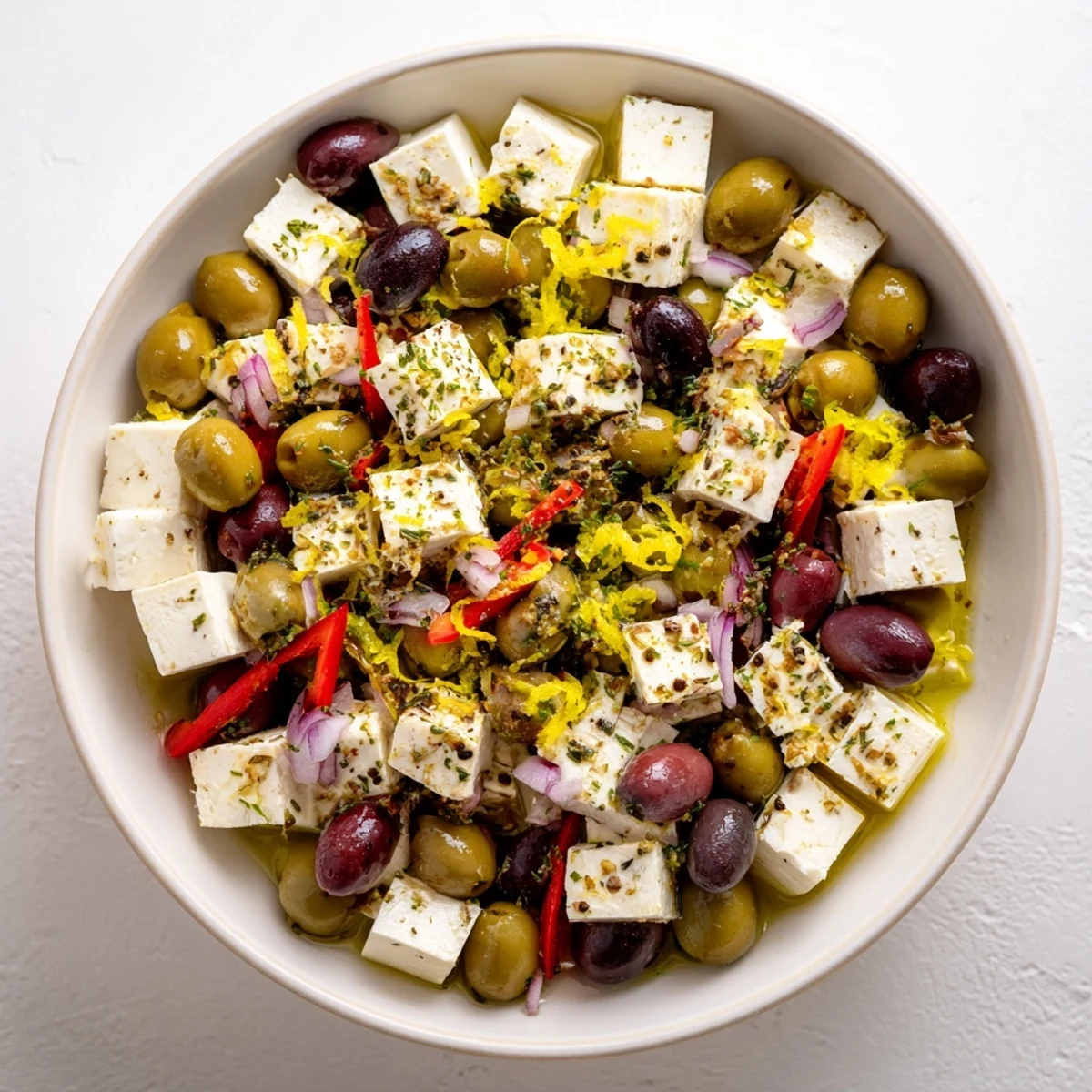 A close-up of Holiday Mix: Mixed Olives with Feta Cubes shows olives glistening in olive oil marinade.